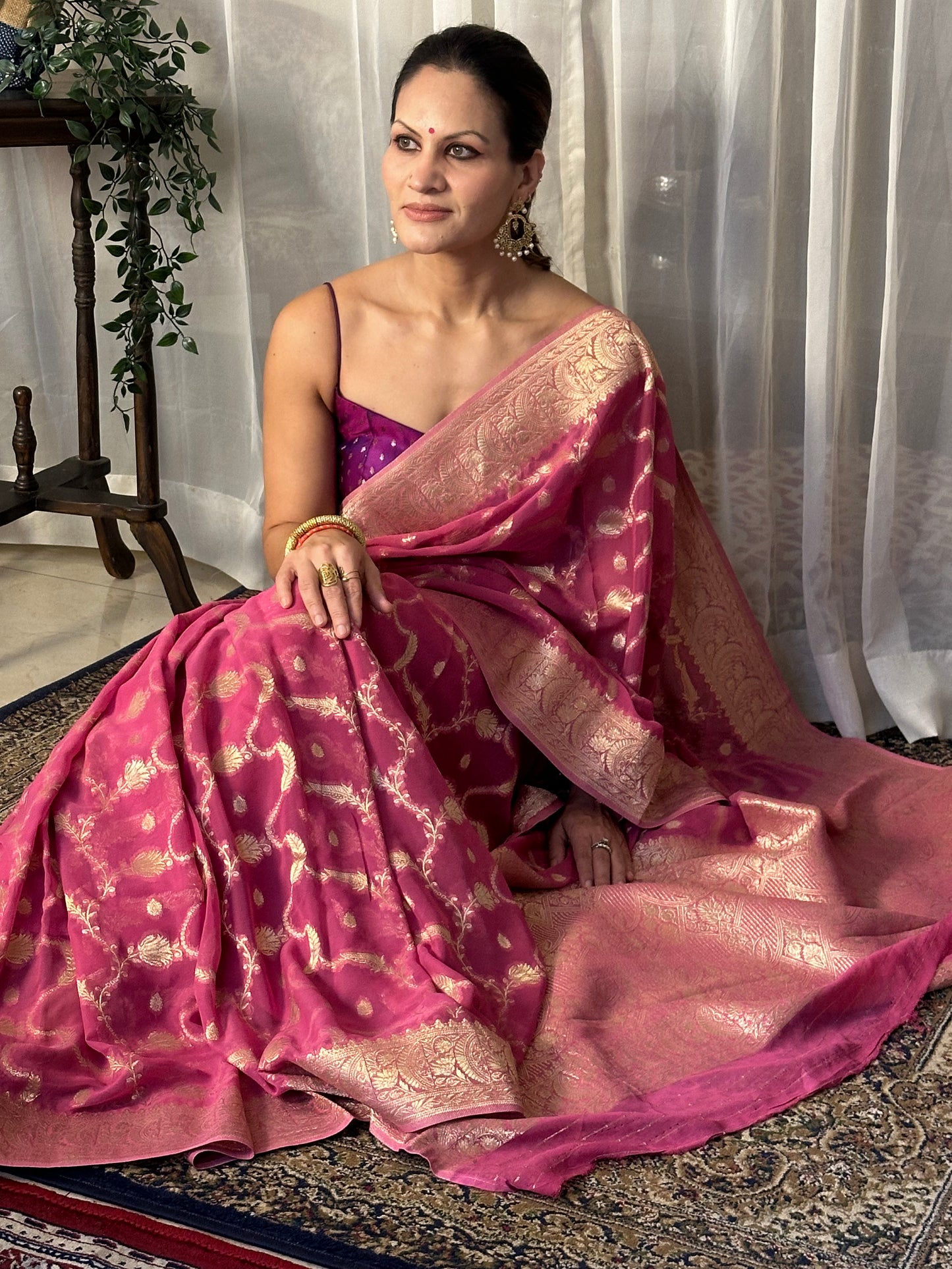 Pink Pure Viscose Georgette Banarasi Sari with Gold Banarasi Work