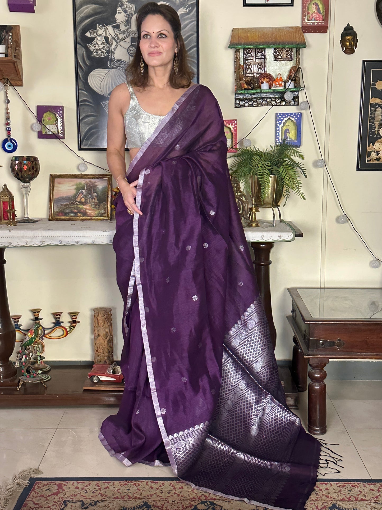 Purple Pure Linen Sari with Banarasi Silver Zari Work