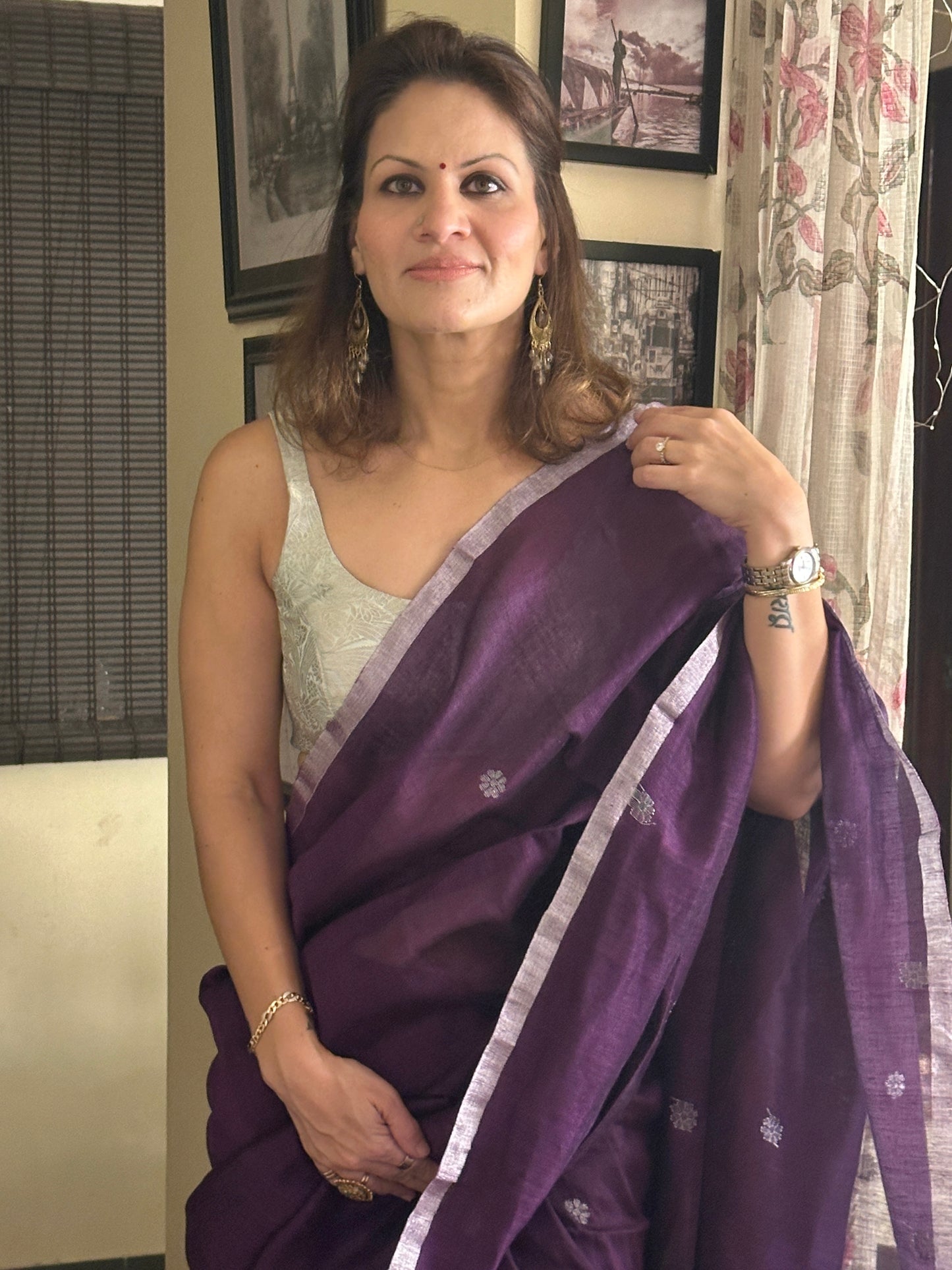 Purple Pure Linen Sari with Banarasi Silver Zari Work