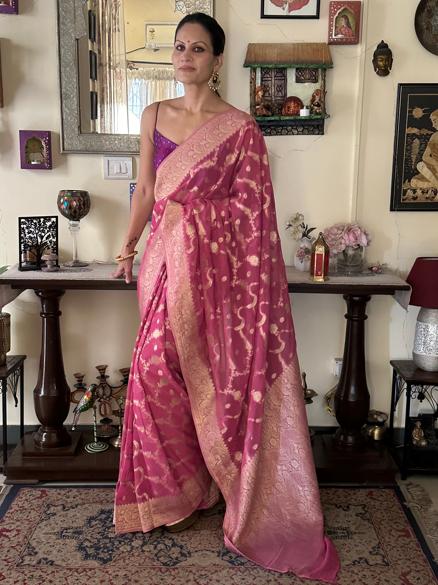 Pink Pure Viscose Georgette Banarasi Sari with Gold Banarasi Work