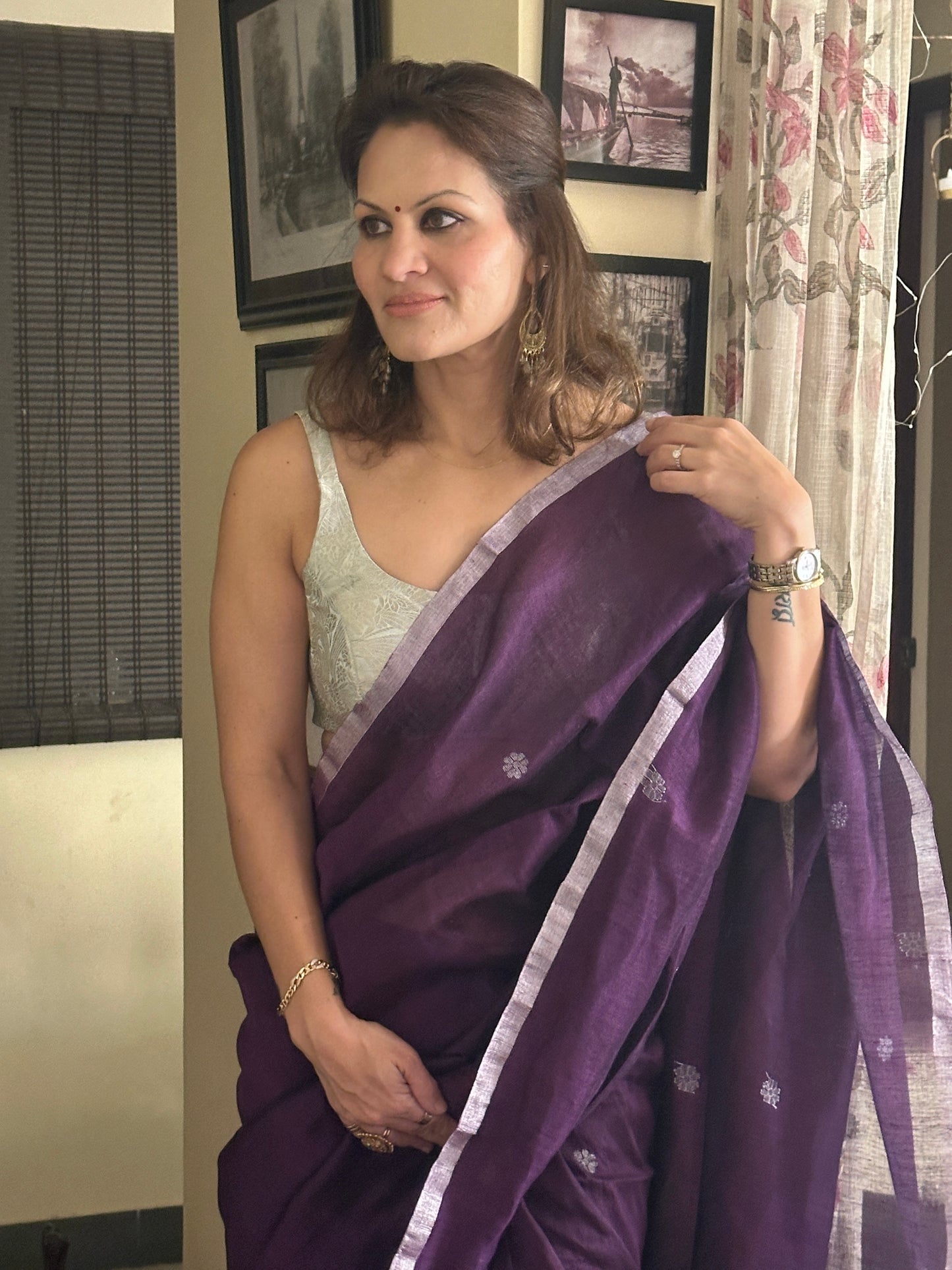 Purple Pure Linen Sari with Banarasi Silver Zari Work