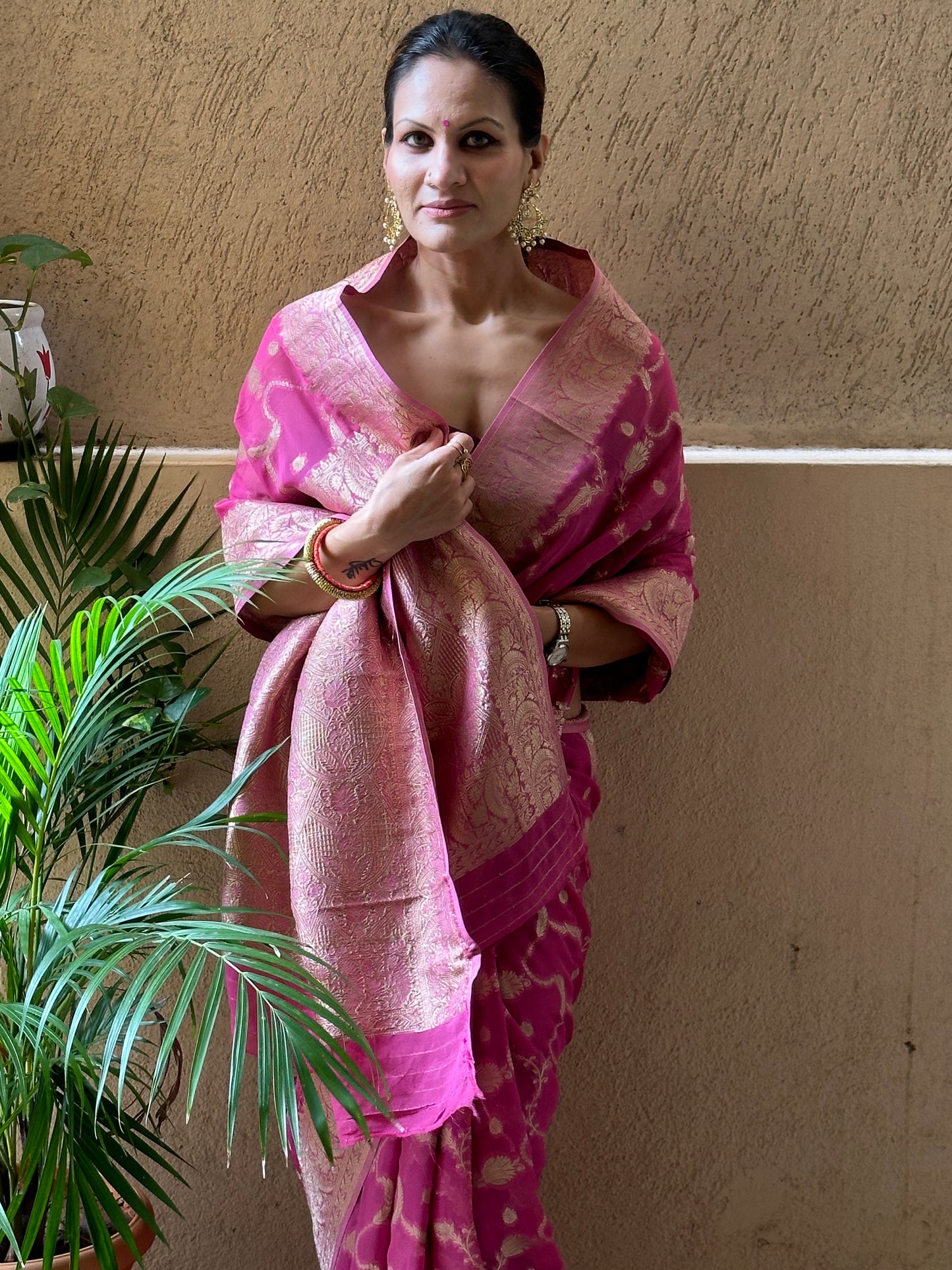 Pink Pure Viscose Georgette Banarasi Sari with Gold Banarasi Work