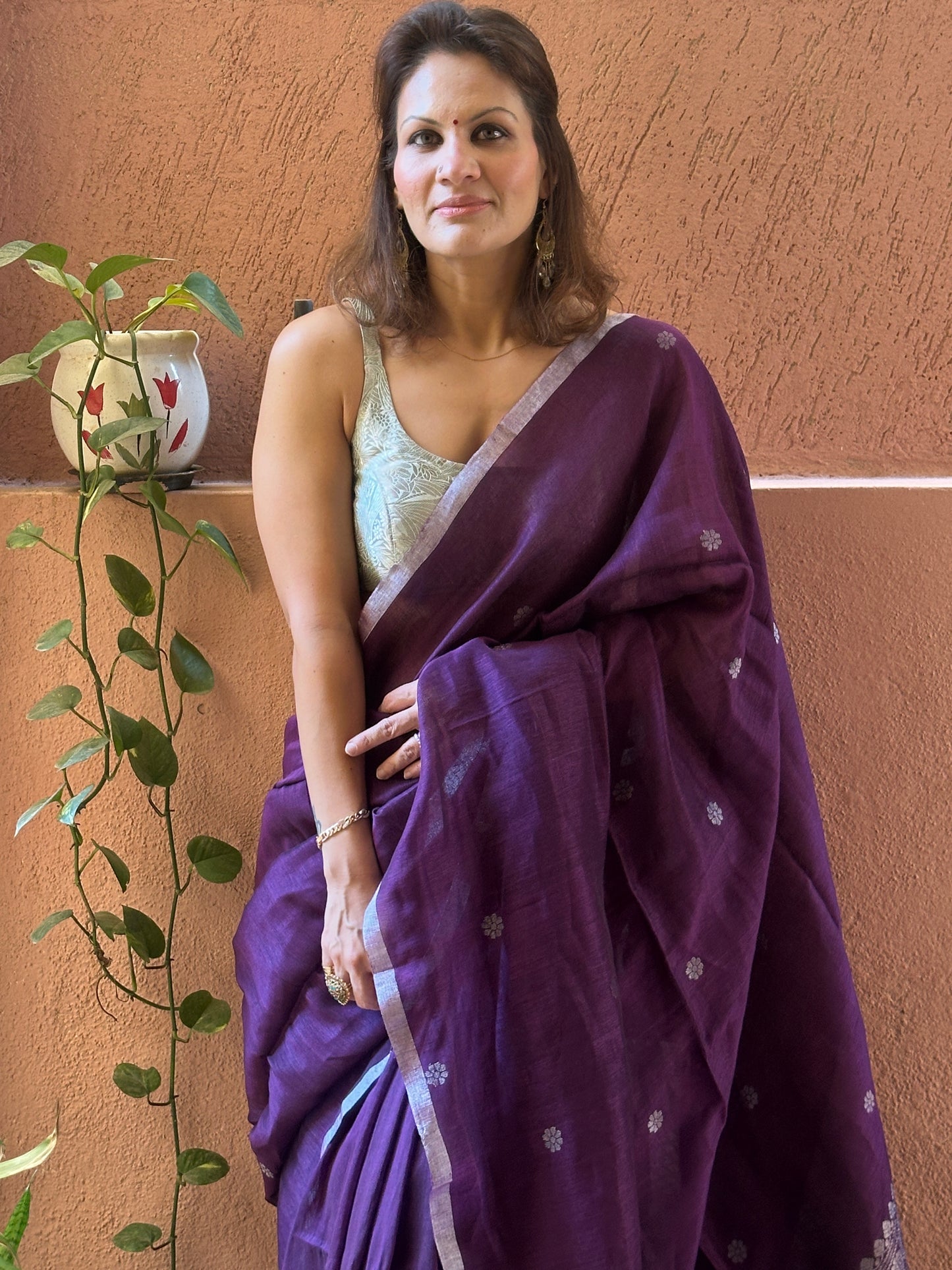 Purple Pure Linen Sari with Banarasi Silver Zari Work