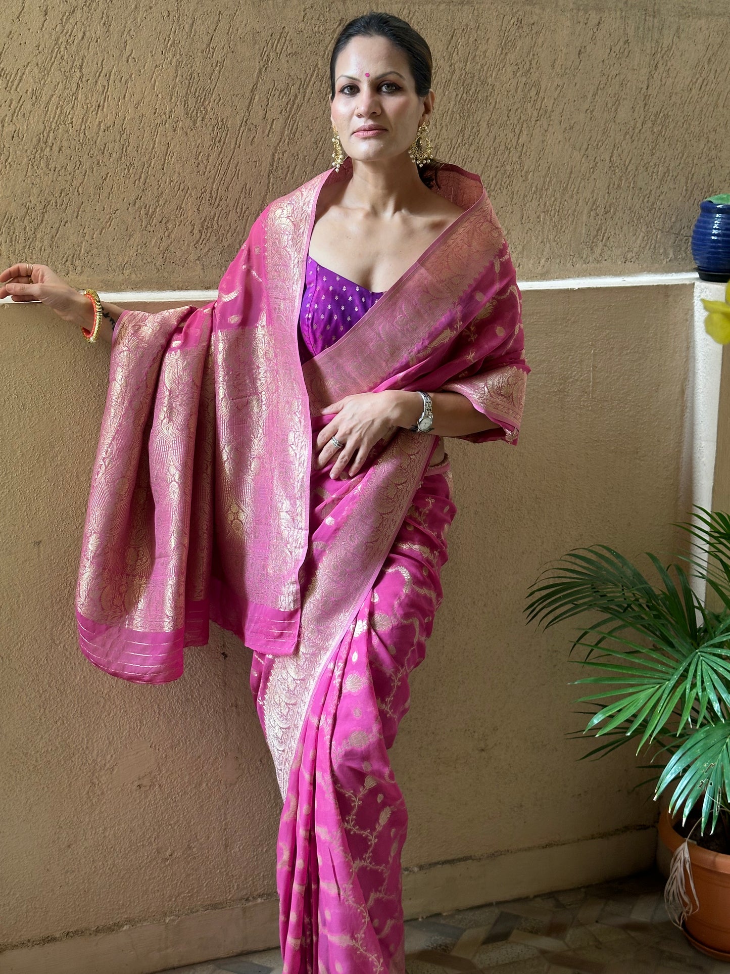 Pink Pure Viscose Georgette Banarasi Sari with Gold Banarasi Work