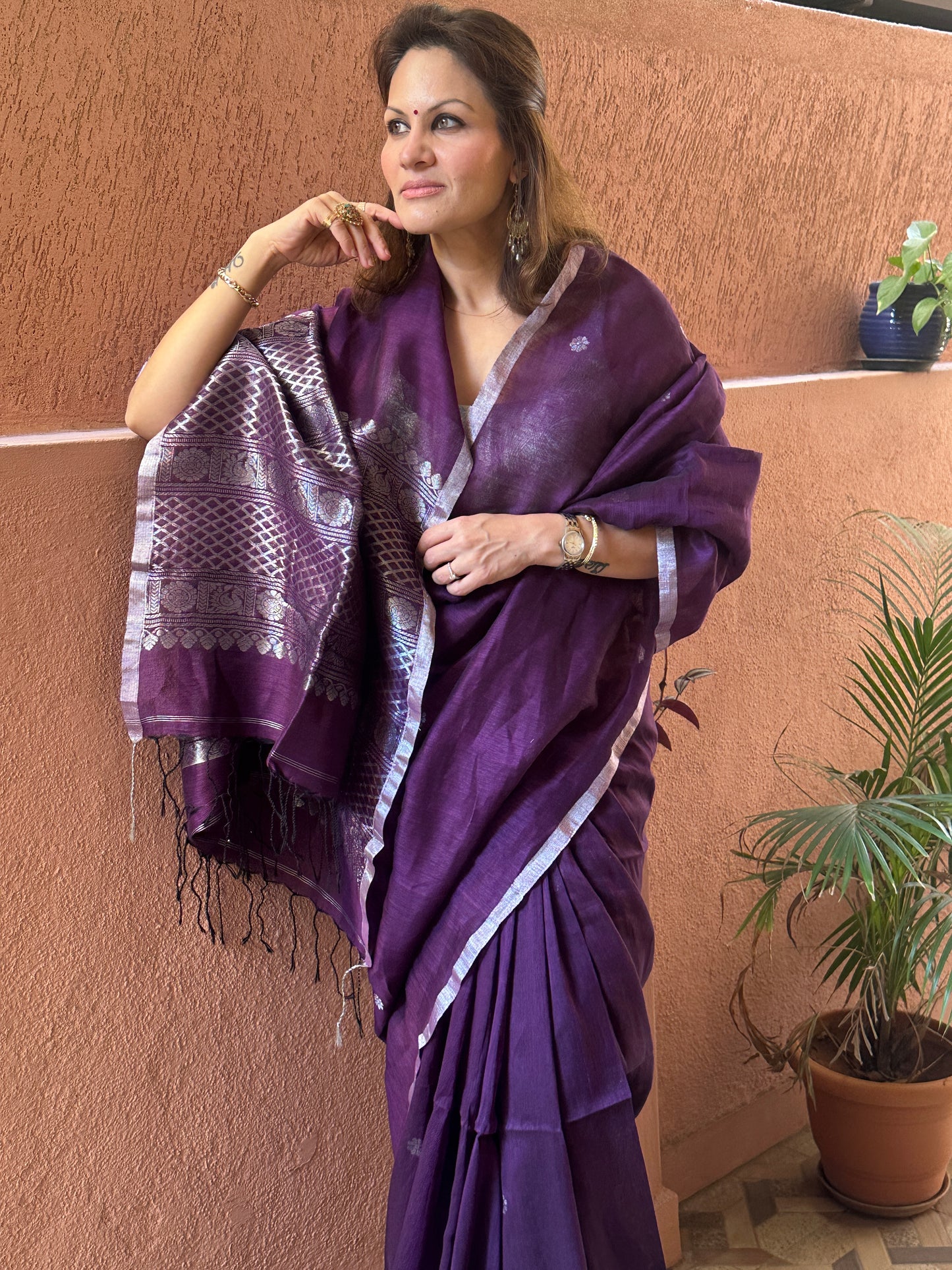 Purple Pure Linen Sari with Banarasi Silver Zari Work