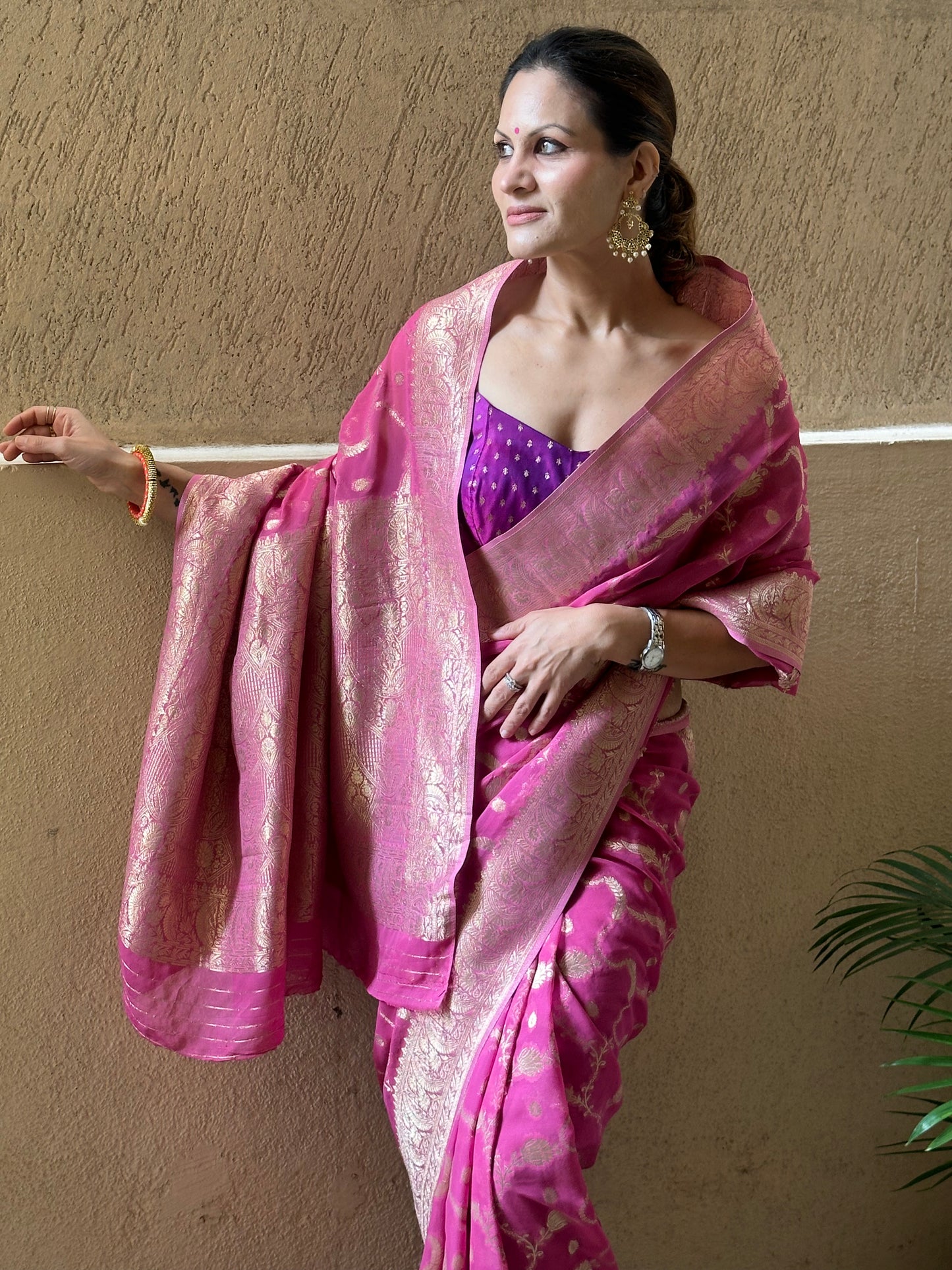 Pink Pure Viscose Georgette Banarasi Sari with Gold Banarasi Work