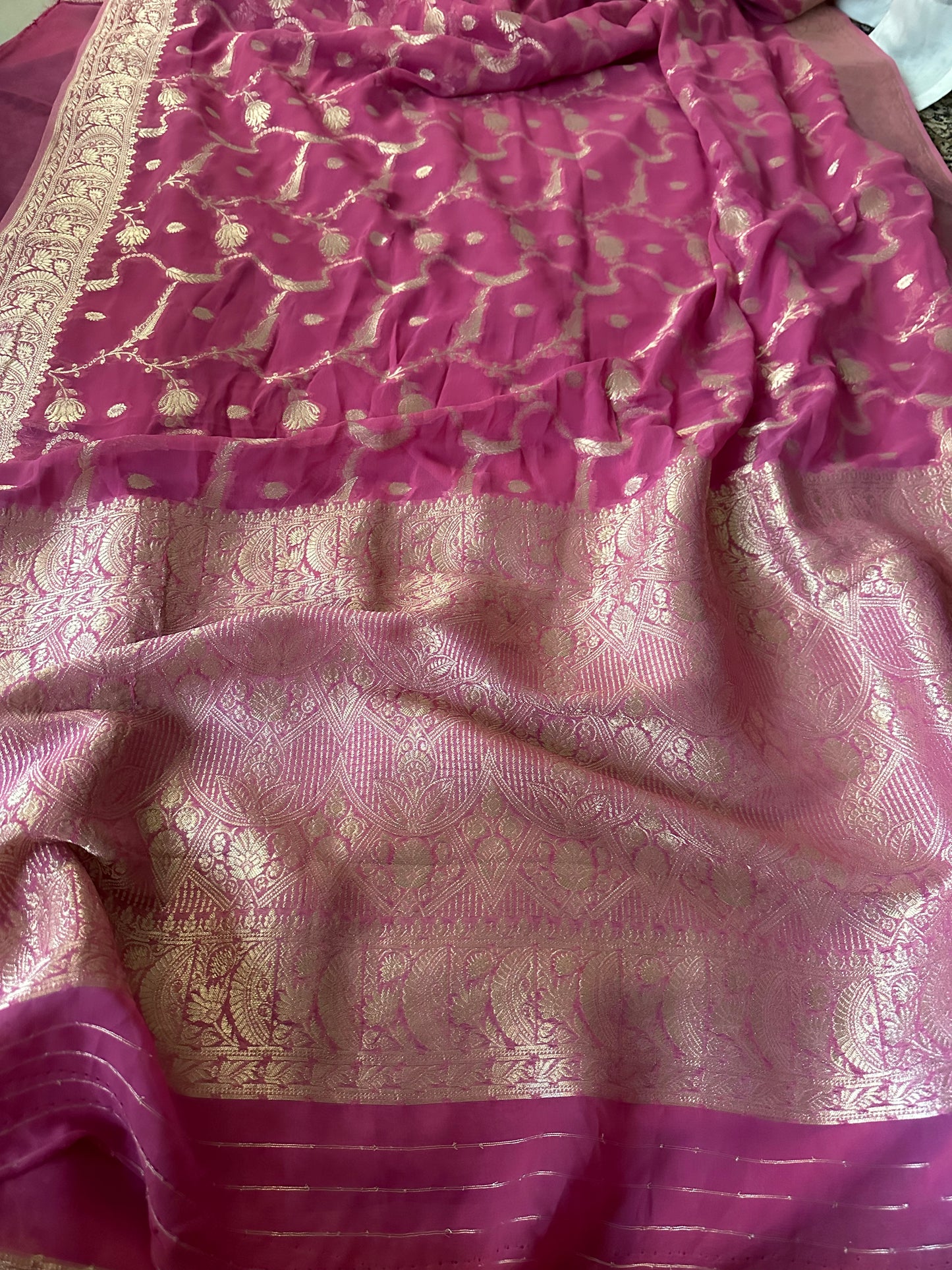 Pink Pure Viscose Georgette Banarasi Sari with Gold Banarasi Work