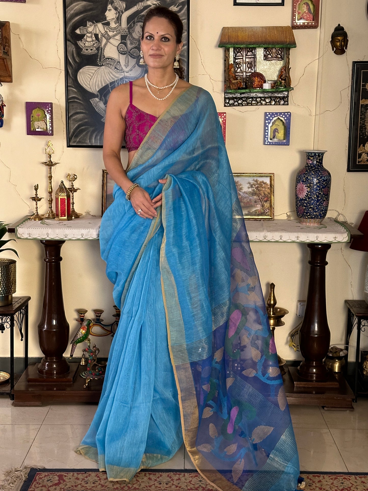 Blue Pure Linen Silk Sari with Muslin Pallu with Intricate Jamdani Work