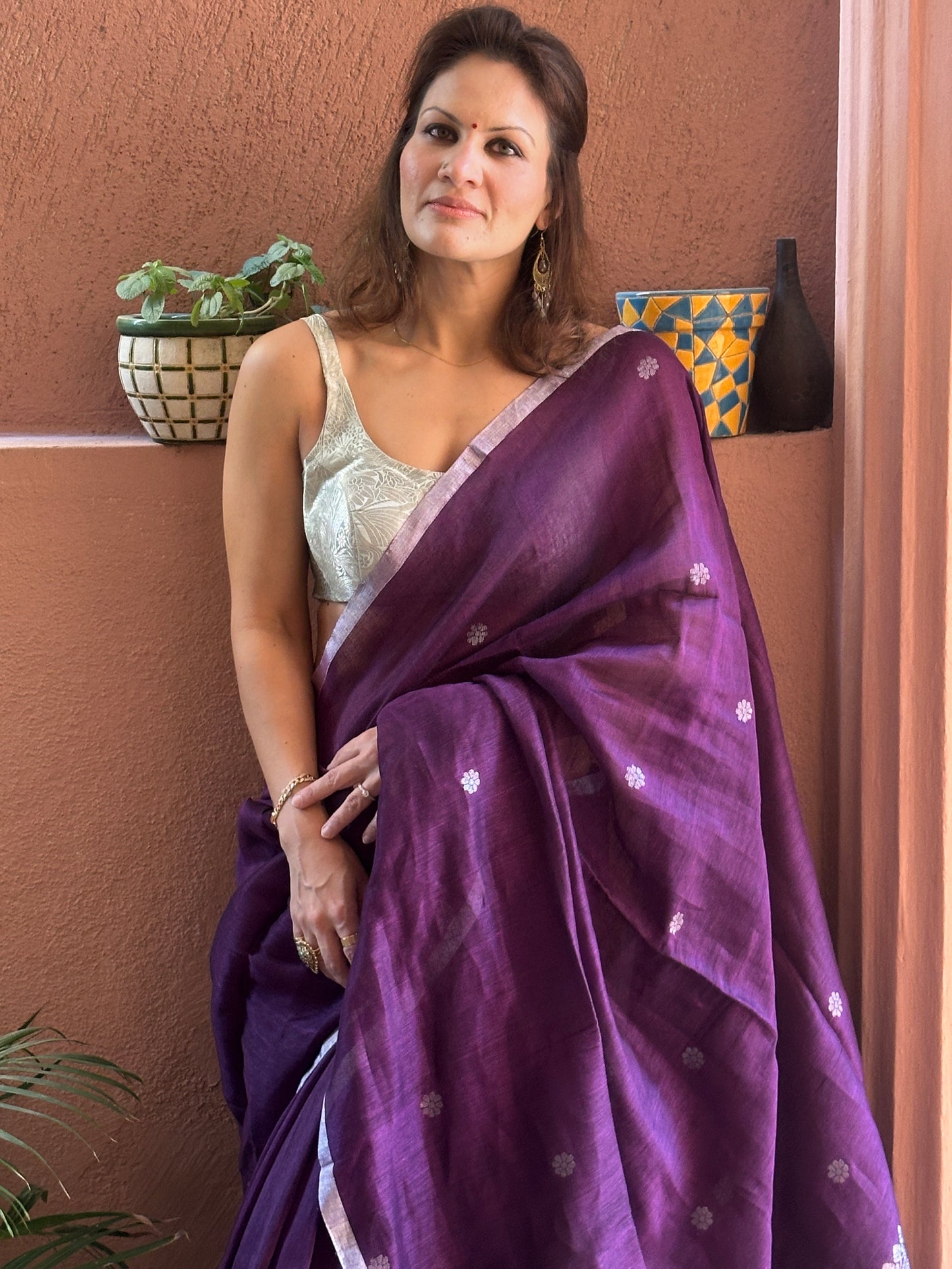 Purple Pure Linen Sari with Banarasi Silver Zari Work