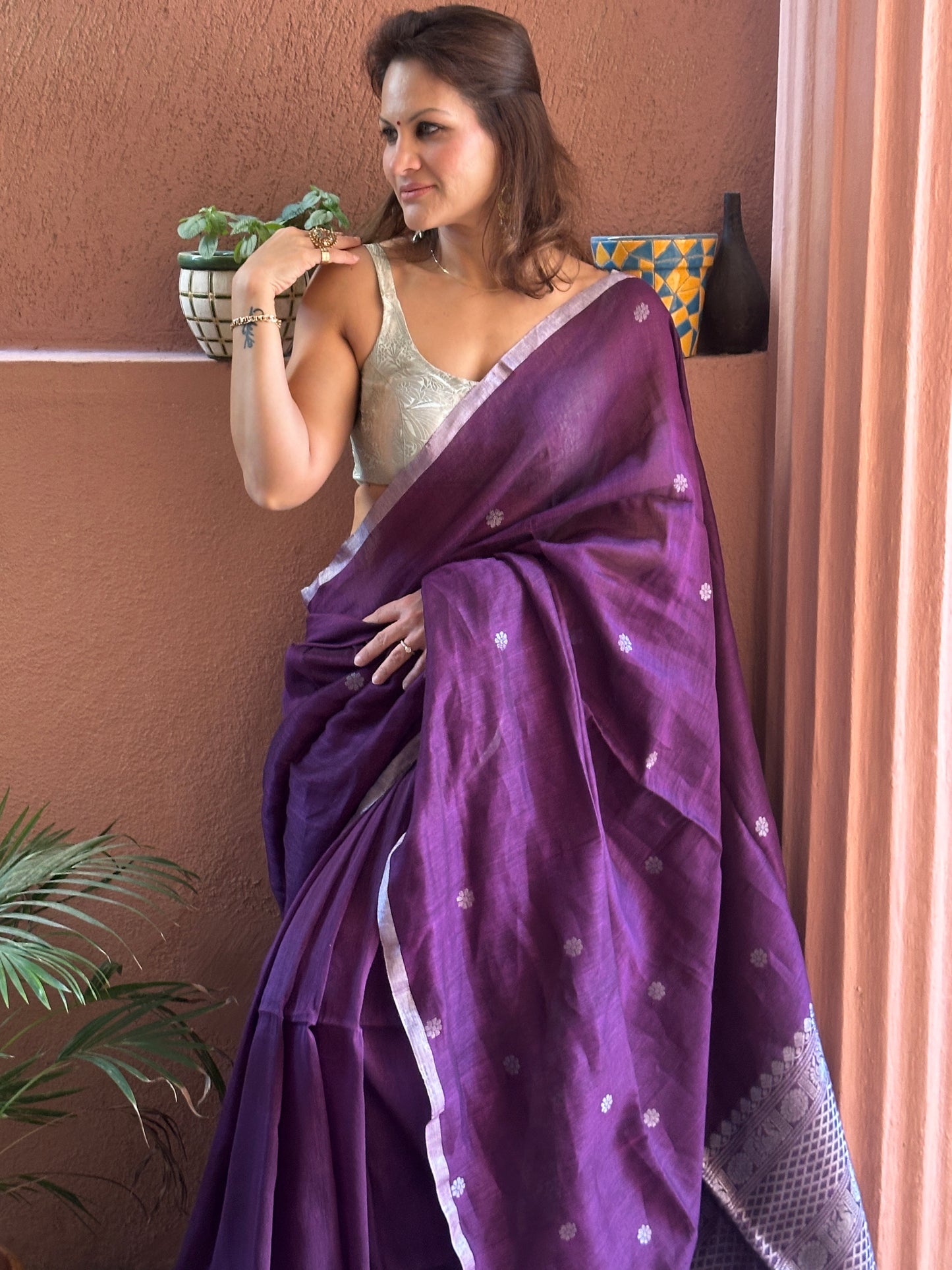 Purple Pure Linen Sari with Banarasi Silver Zari Work