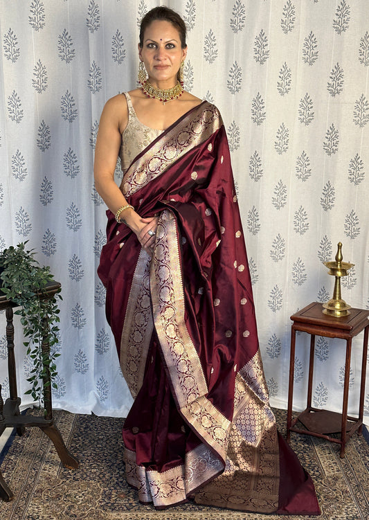 Maroon Pure Katan Silk Banarasi Handloom Saree