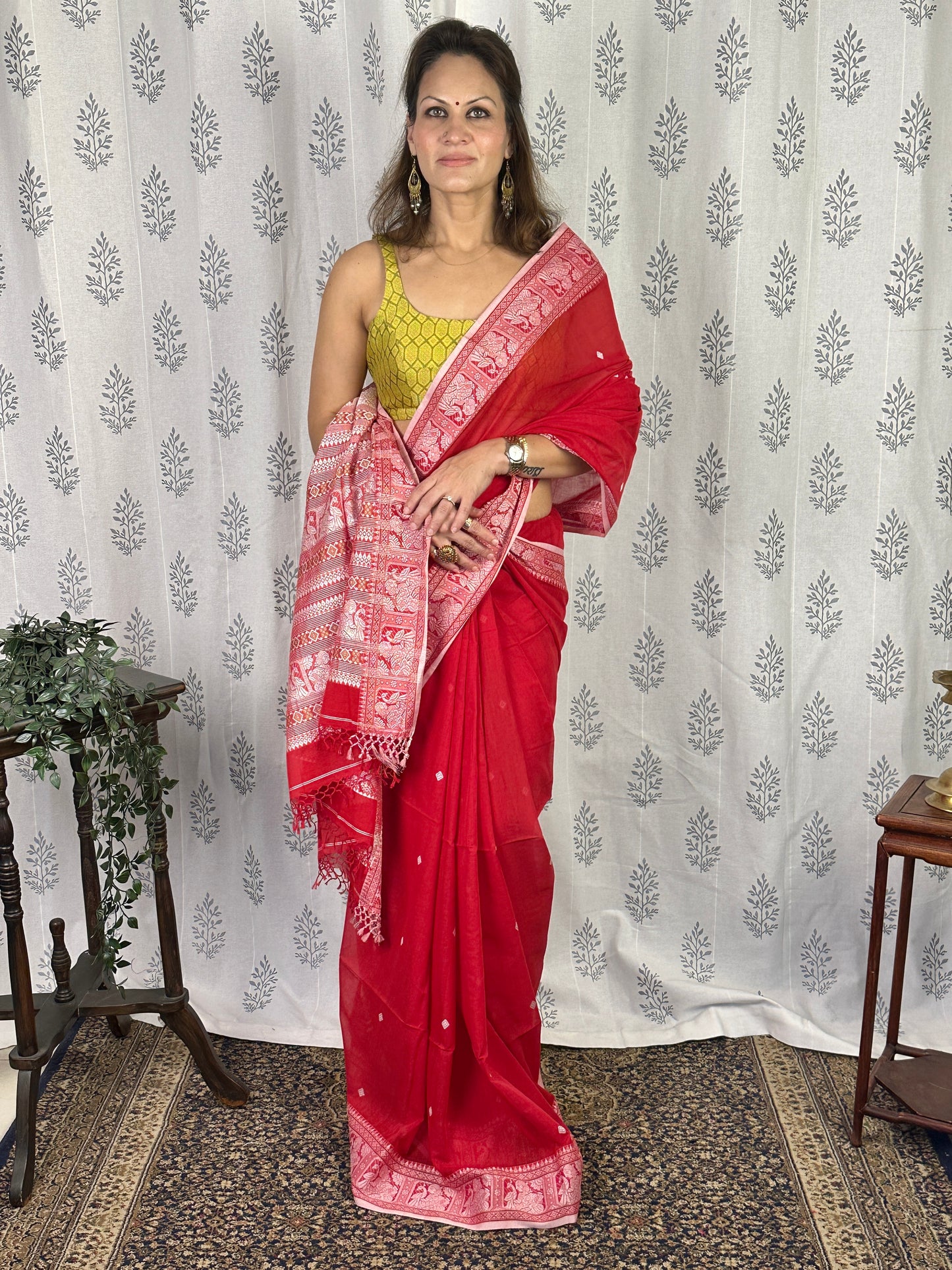 Red Pure Cotton Baluchari Saree with Silver Weaving