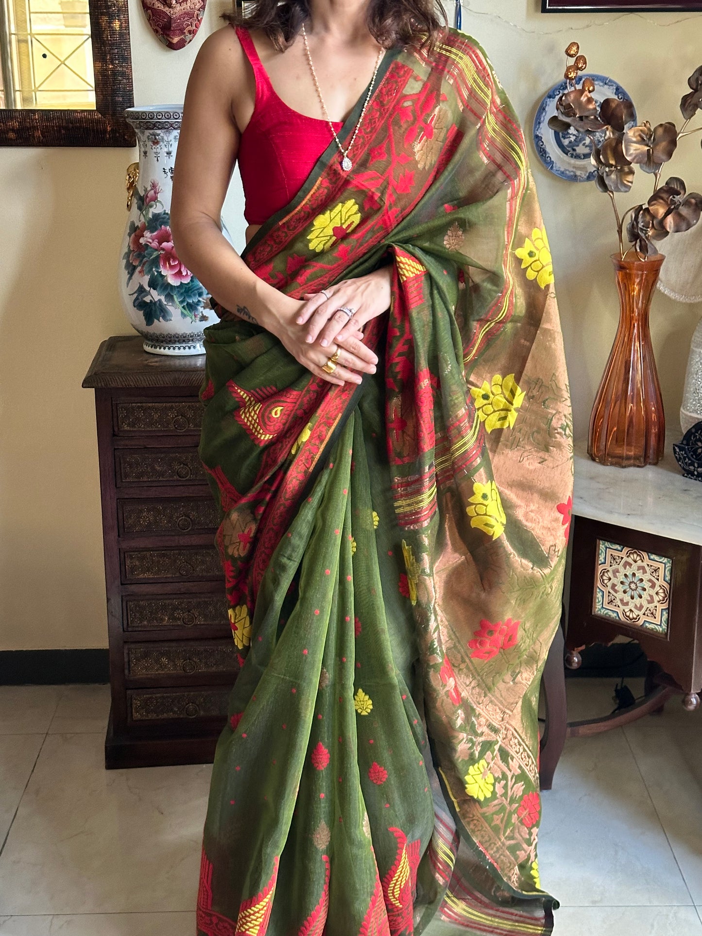 Mehendi Green & Copper Cotton Silk Jamdani Sari - Raahini