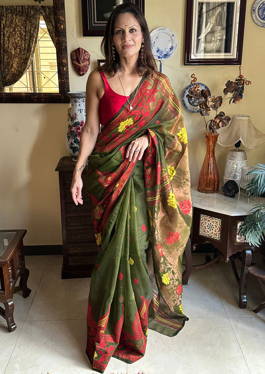 Mehendi Green & Copper Cotton Silk Jamdani Sari - Raahini