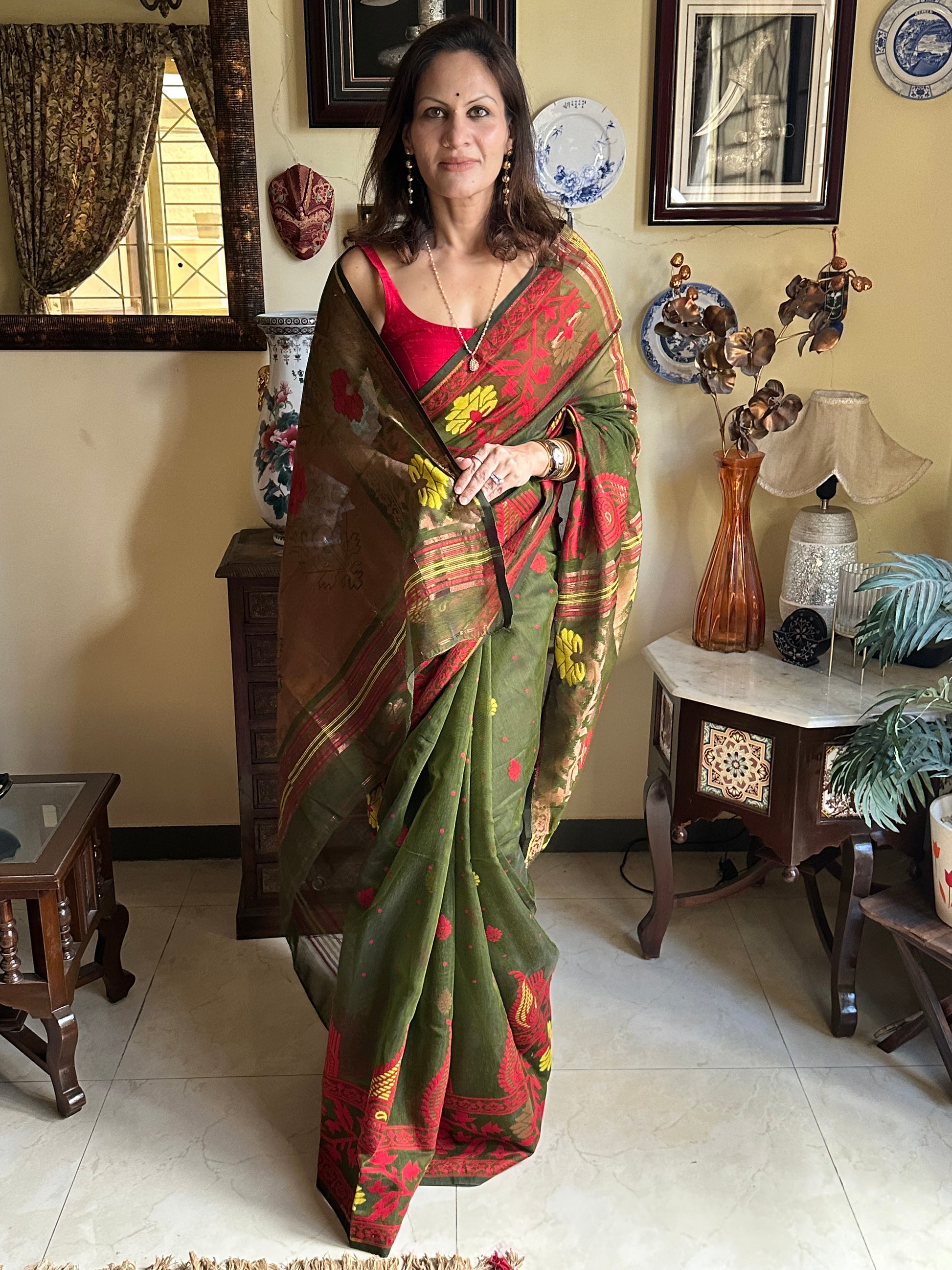 Mehendi Green & Copper Cotton Silk Jamdani Sari - Raahini