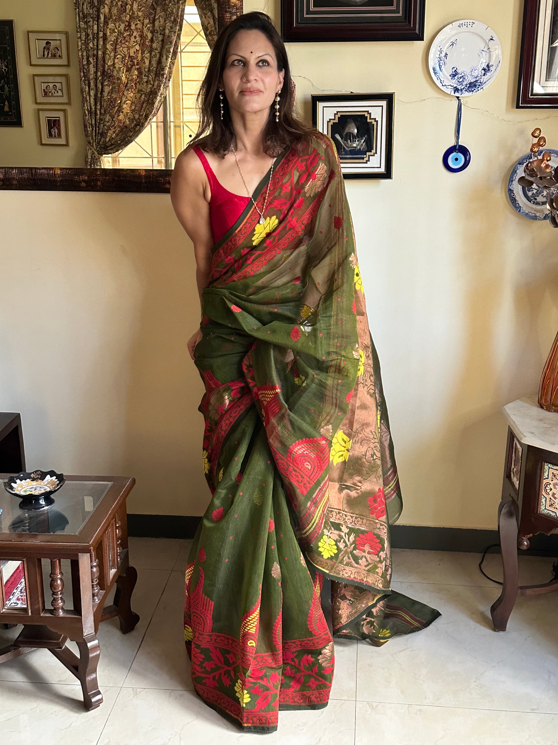 Mehendi Green & Copper Cotton Silk Jamdani Sari - Raahini