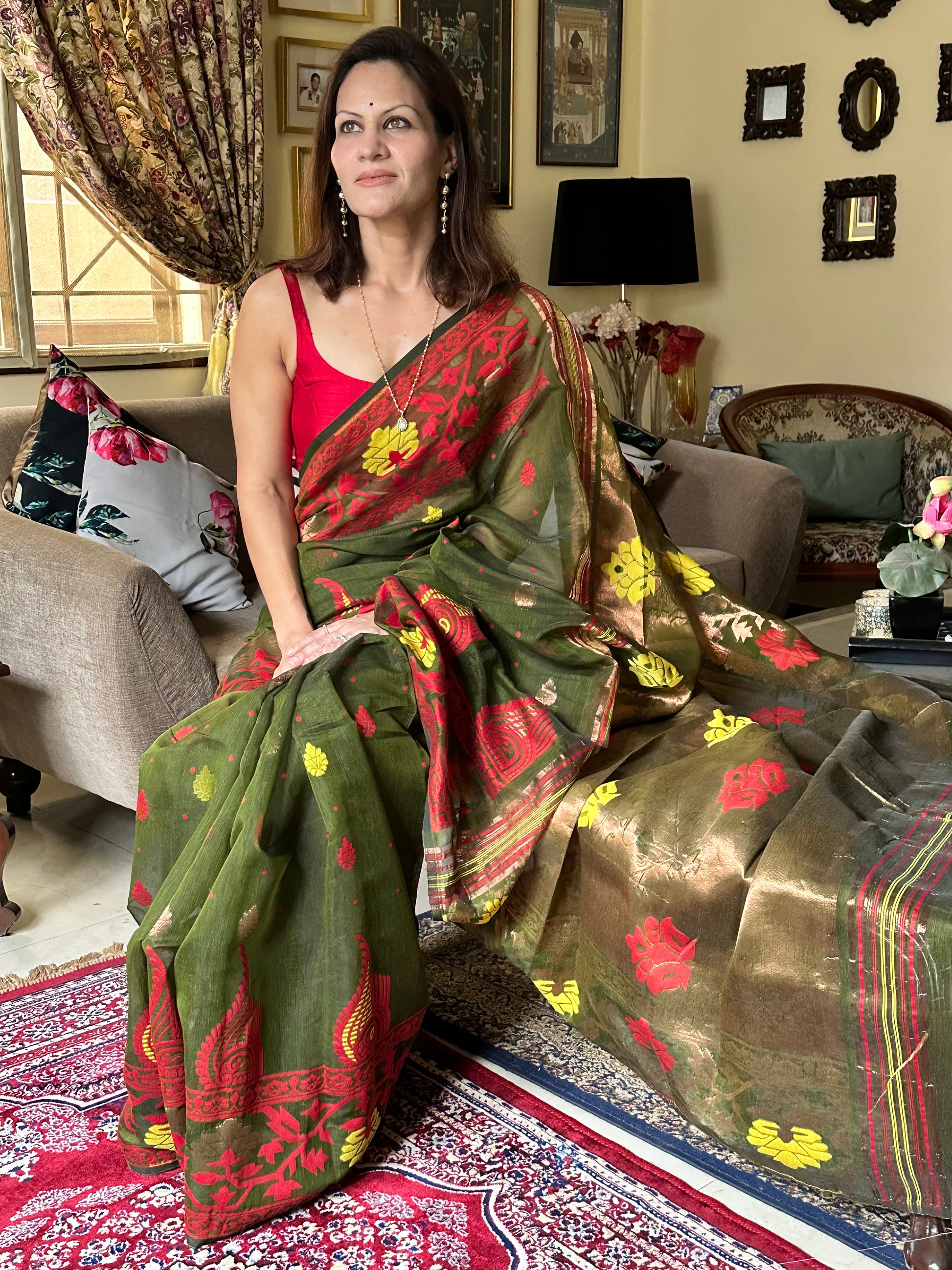 Mehendi Green & Copper Cotton Silk Jamdani Sari - Raahini