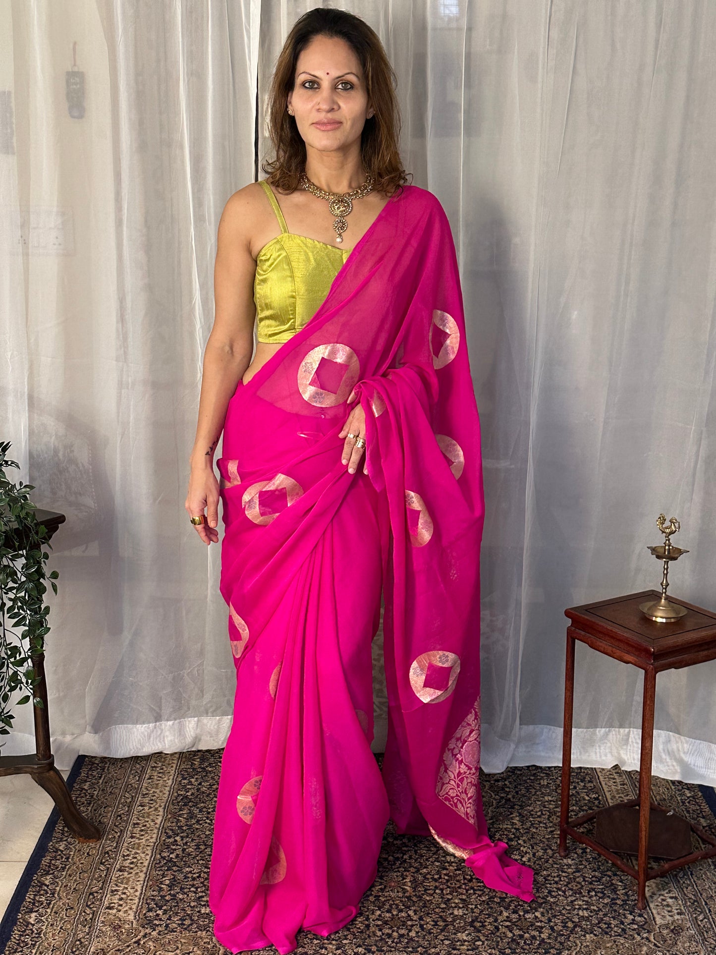 Pink Pure Chiffon Khaddi Banarasi Sari with Meena Weaving & Full Gold Zari Woven Pallu