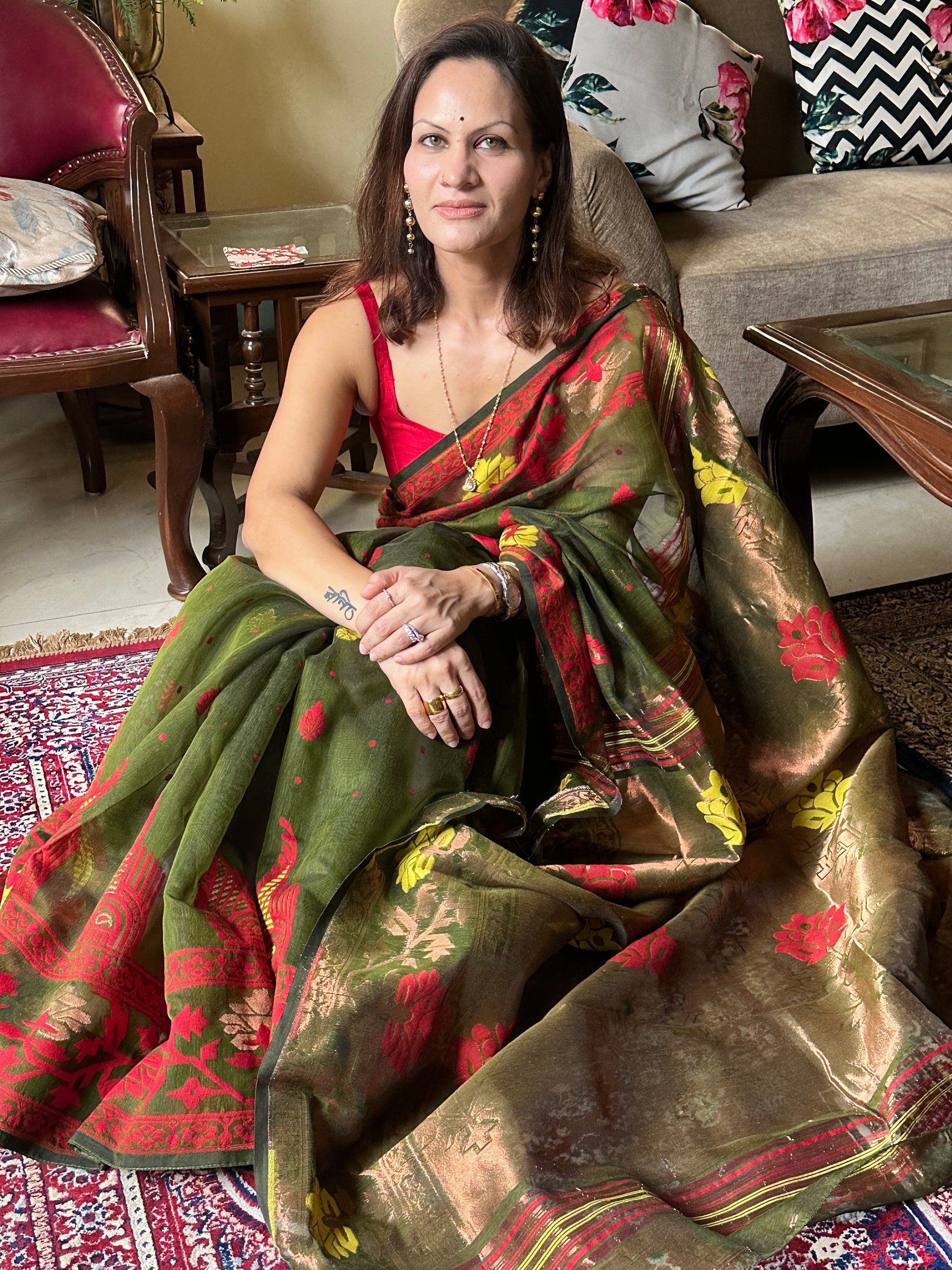 Mehendi Green & Copper Cotton Silk Jamdani Sari - Raahini