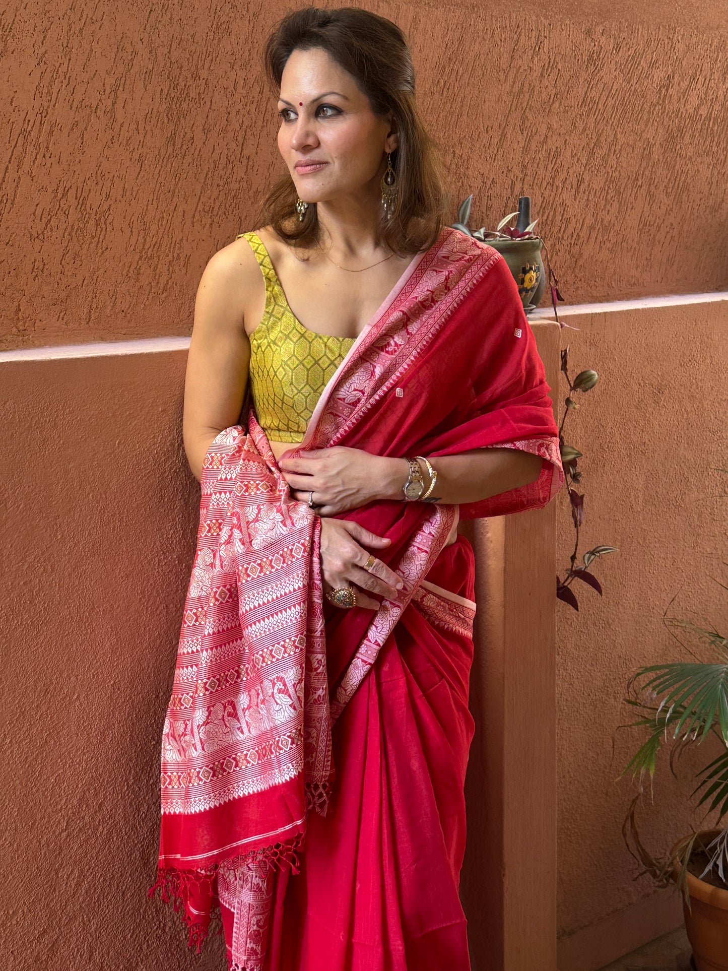 Red Pure Cotton Baluchari Saree with Silver Weaving