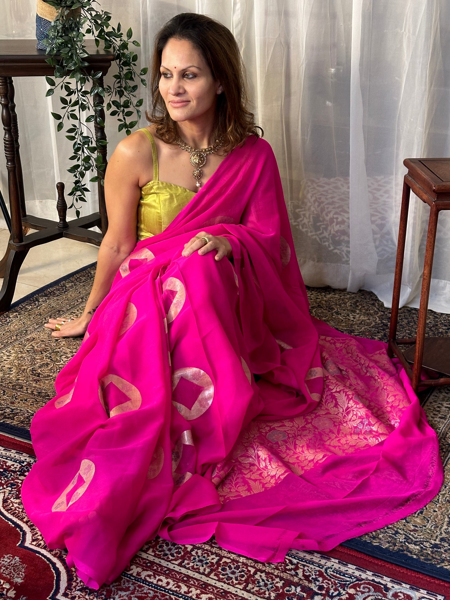 Pink Pure Chiffon Khaddi Banarasi Sari with Meena Weaving & Full Gold Zari Woven Pallu