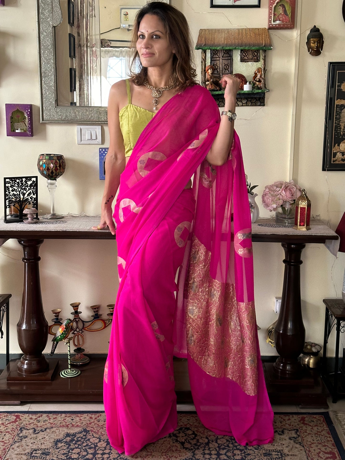 Pink Pure Chiffon Khaddi Banarasi Sari with Meena Weaving & Full Gold Zari Woven Pallu