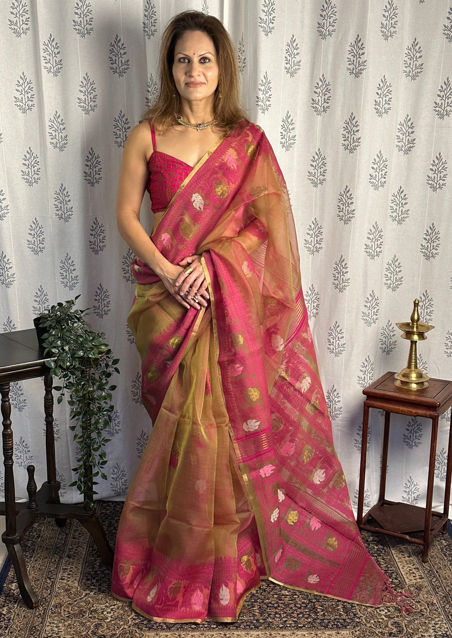 Dual Tone Nude & Orange with Pink Pure Muslin Silk Handloom Jamdani Sari