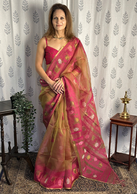 Dual Tone Nude & Orange with Pink Pure Muslin Silk Handloom Jamdani Sari