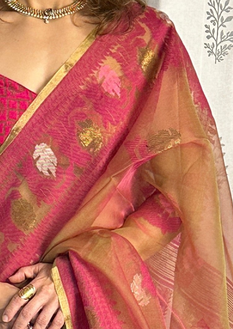 Dual Tone Nude & Orange with Pink Pure Muslin Silk Handloom Jamdani Sari