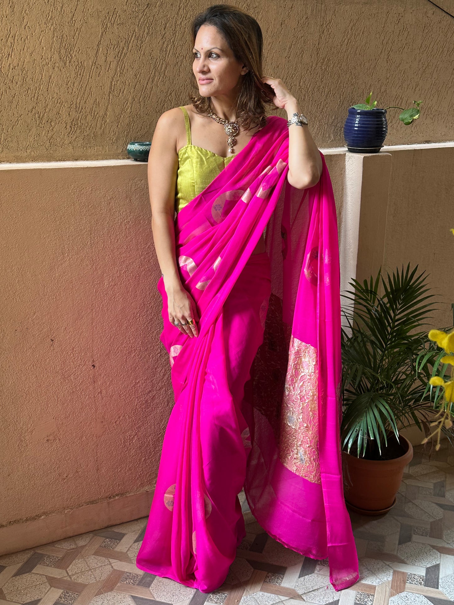 Pink Pure Chiffon Khaddi Banarasi Sari with Meena Weaving & Full Gold Zari Woven Pallu