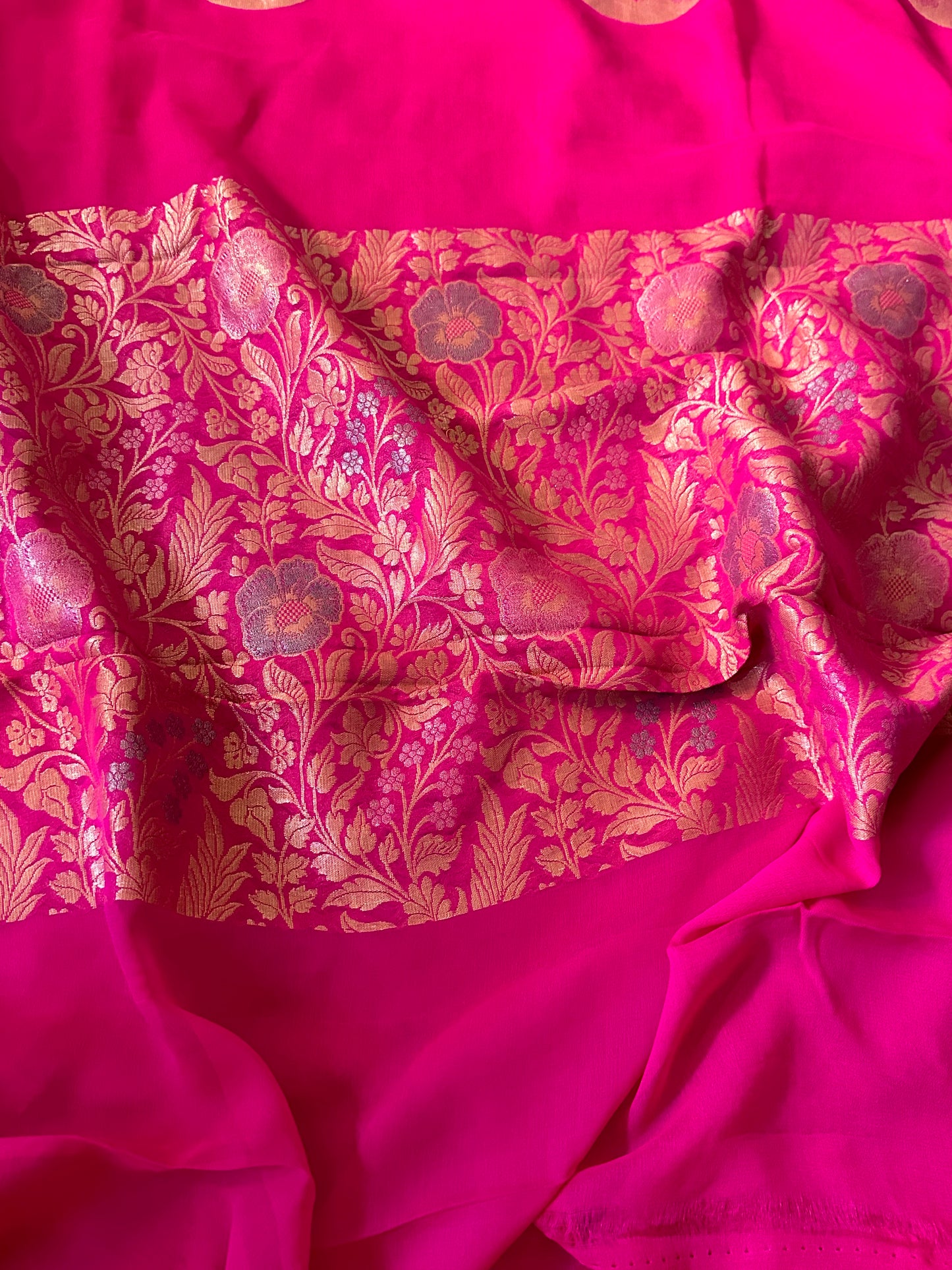 Pink Pure Chiffon Khaddi Banarasi Sari with Meena Weaving & Full Gold Zari Woven Pallu