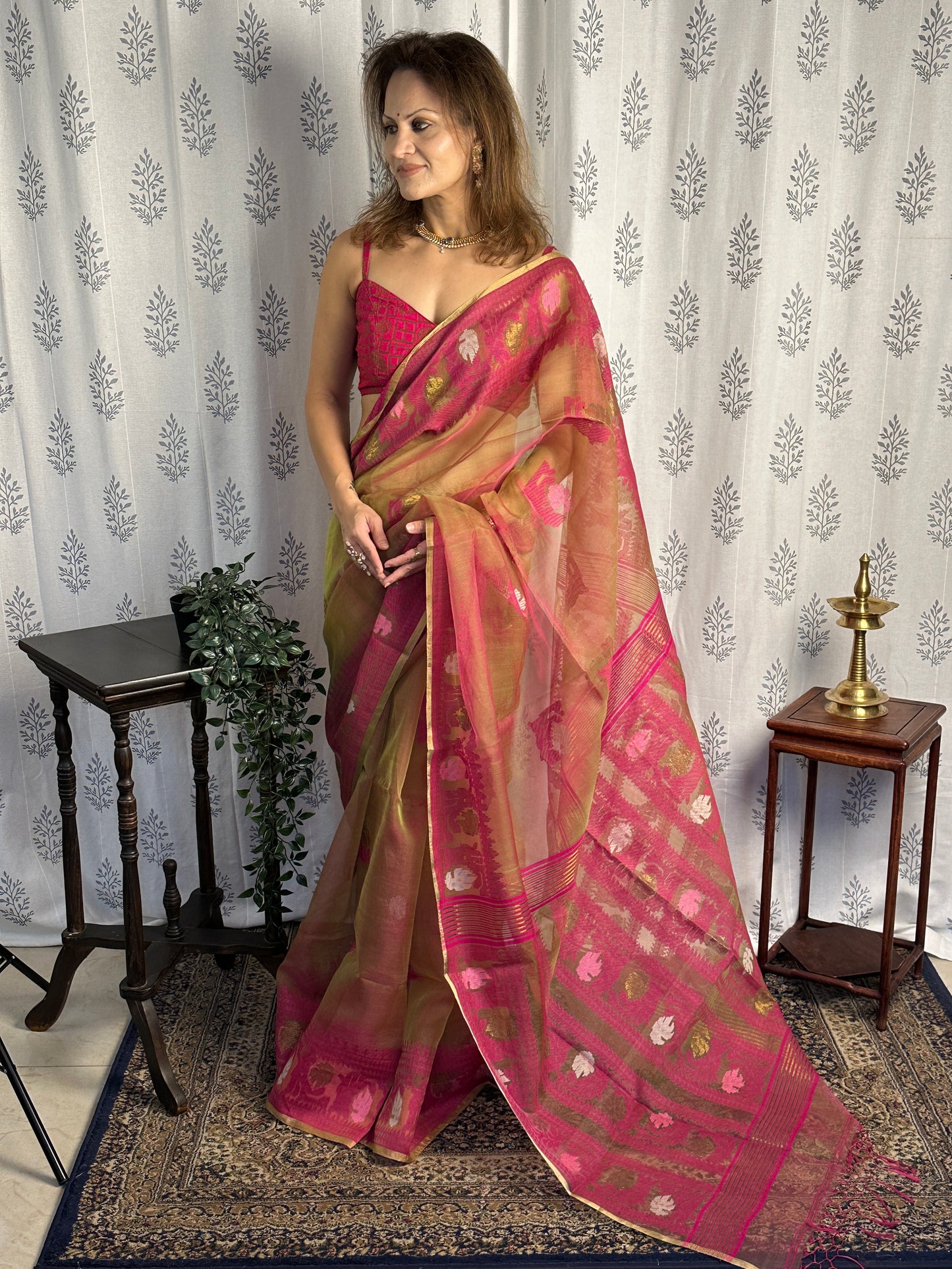 Dual Tone Nude & Orange with Pink Pure Muslin Silk Handloom Jamdani Sari