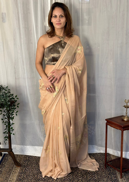 Nude Pure Chiffon Khaddi Banarasi Sari with Meena Weaving & Full Gold Zari Woven Pallu