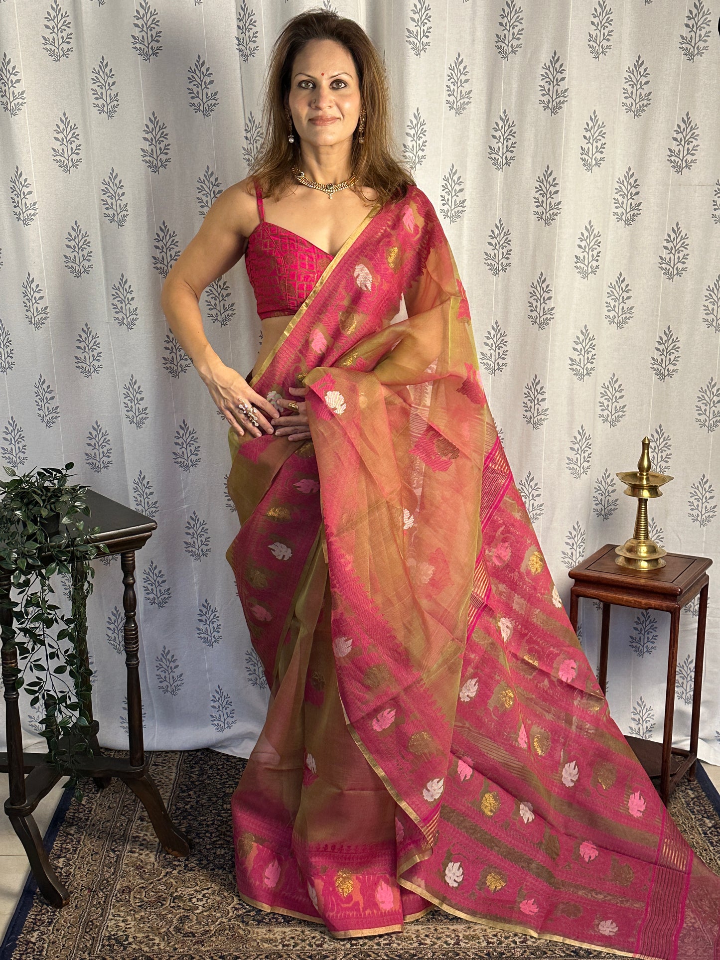 Dual Tone Nude & Orange with Pink Pure Muslin Silk Handloom Jamdani Sari