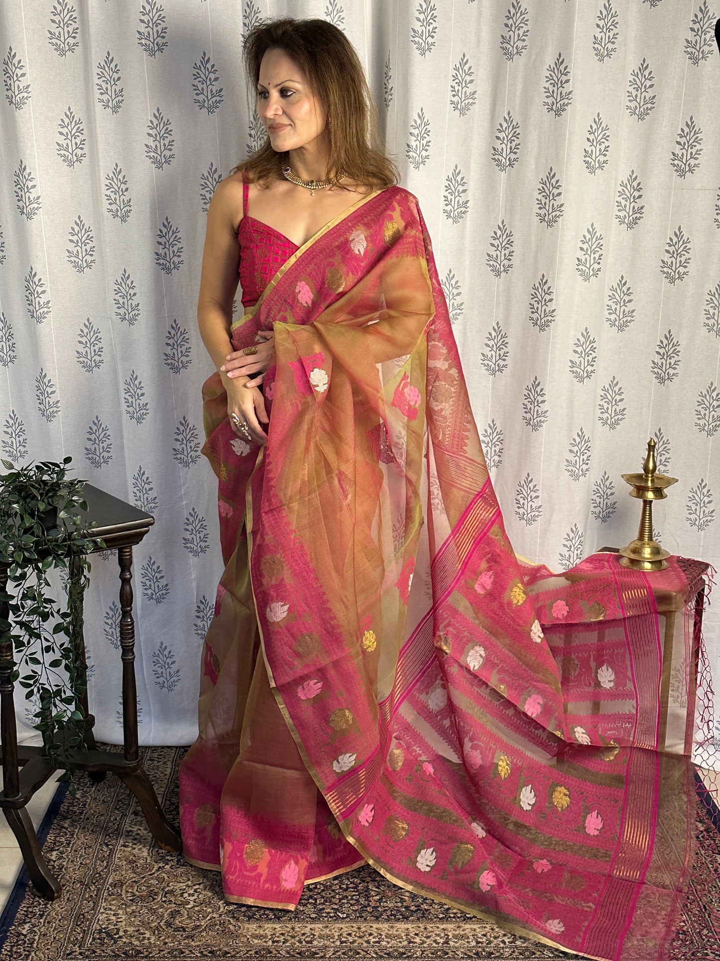 Dual Tone Nude & Orange with Pink Pure Muslin Silk Handloom Jamdani Sari