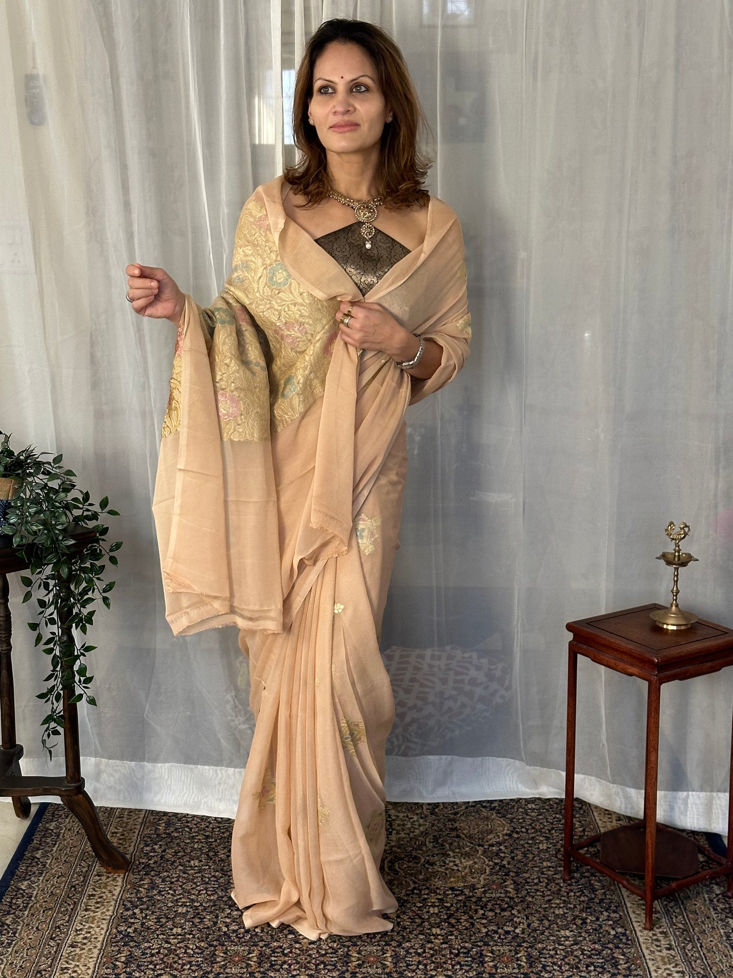 Nude Pure Chiffon Khaddi Banarasi Sari with Meena Weaving & Full Gold Zari Woven Pallu