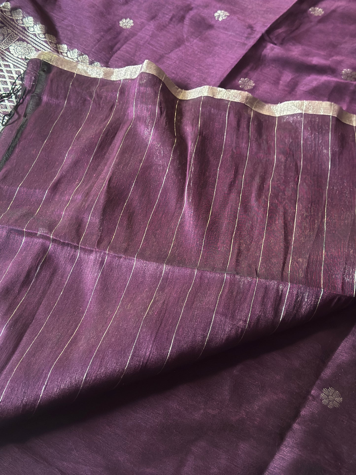 Purple Pure Linen Sari with Banarasi Silver Zari Work