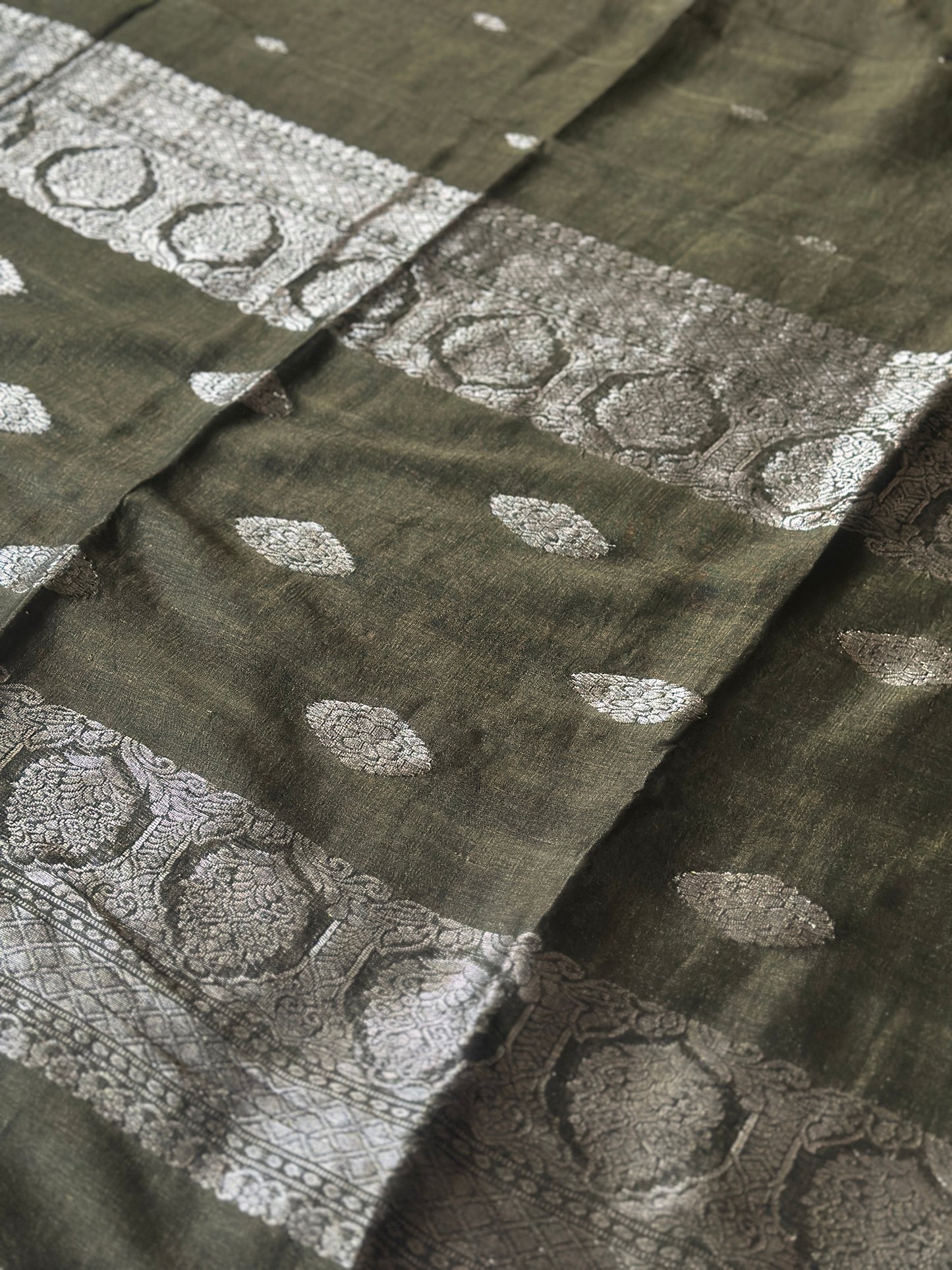 Green Pure Linen Sari with Banarasi Silver Zari Work