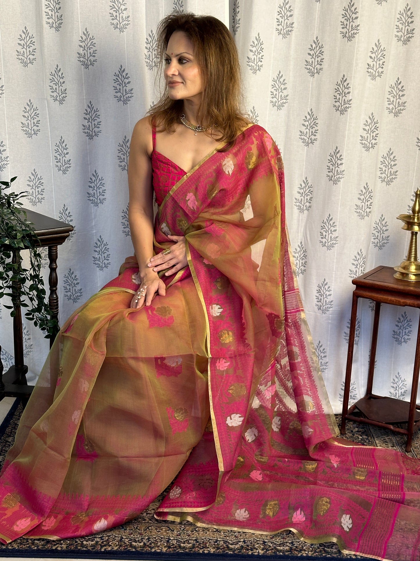 Dual Tone Nude & Orange with Pink Pure Muslin Silk Handloom Jamdani Sari