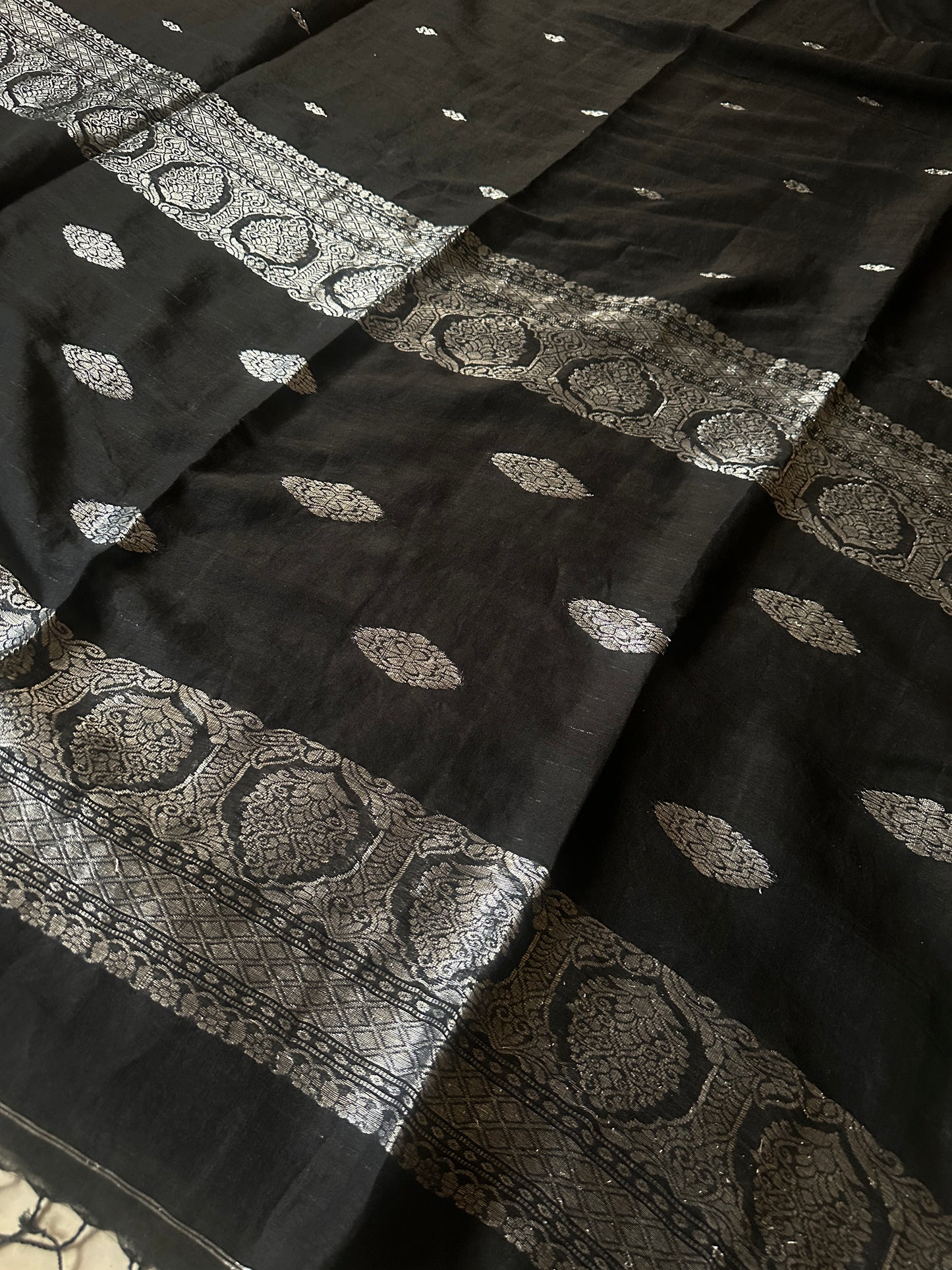 Black Pure Linen Sari with Banarasi Silver Zari Work