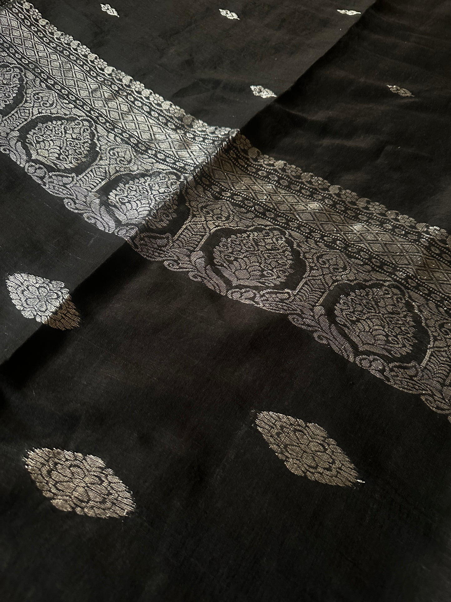 Black Pure Linen Sari with Banarasi Silver Zari Work