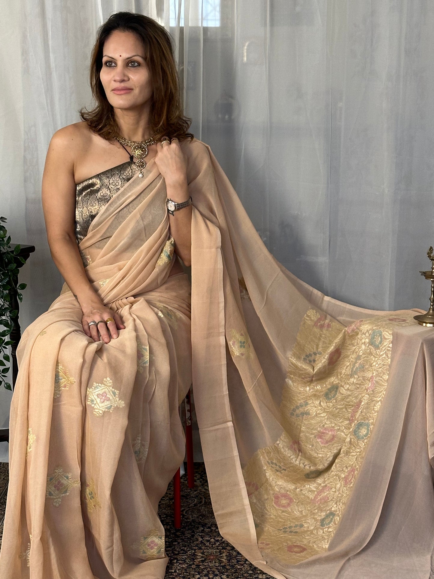 Nude Pure Chiffon Khaddi Banarasi Sari with Meena Weaving & Full Gold Zari Woven Pallu