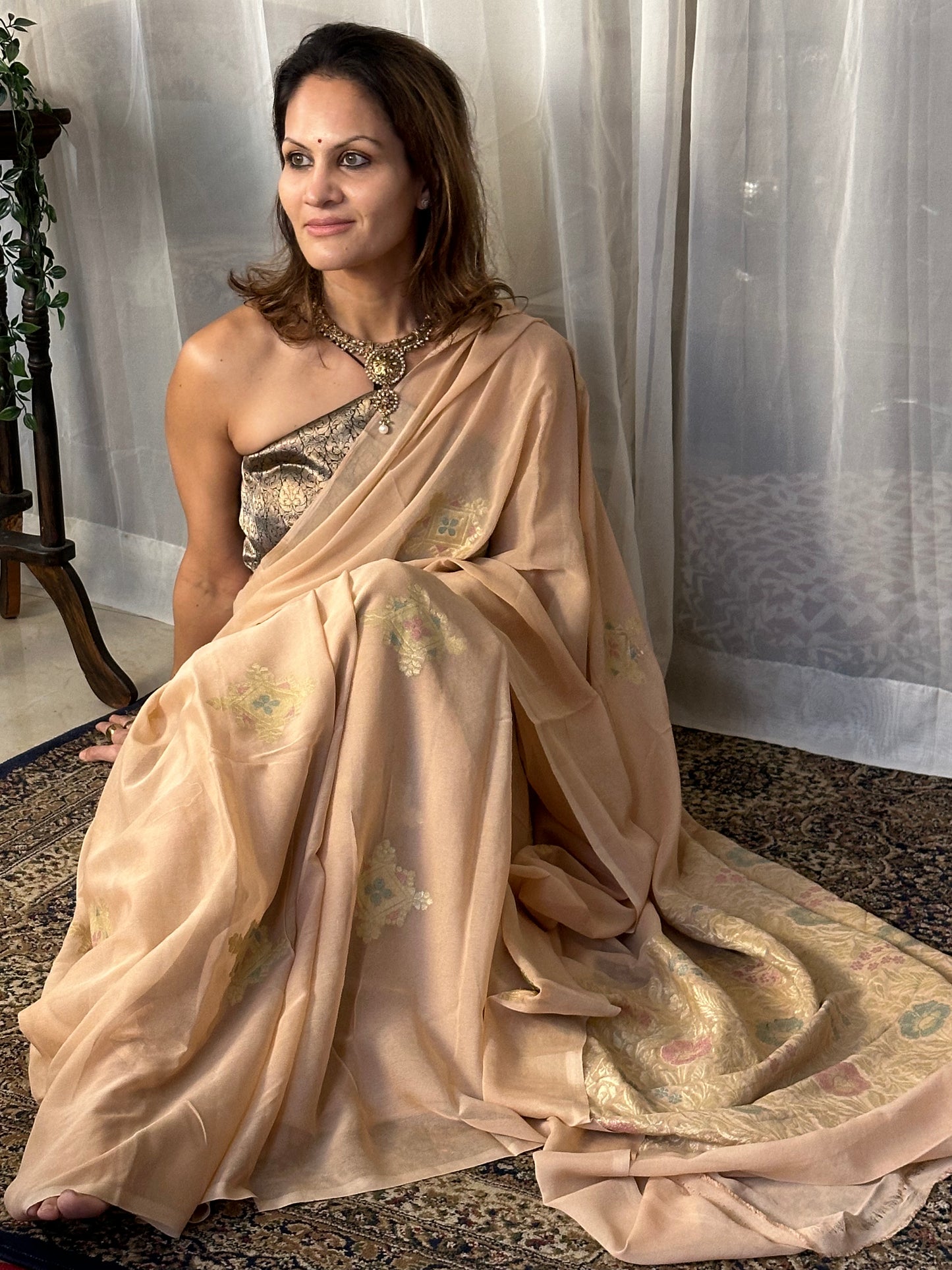 Nude Pure Chiffon Khaddi Banarasi Sari with Meena Weaving & Full Gold Zari Woven Pallu