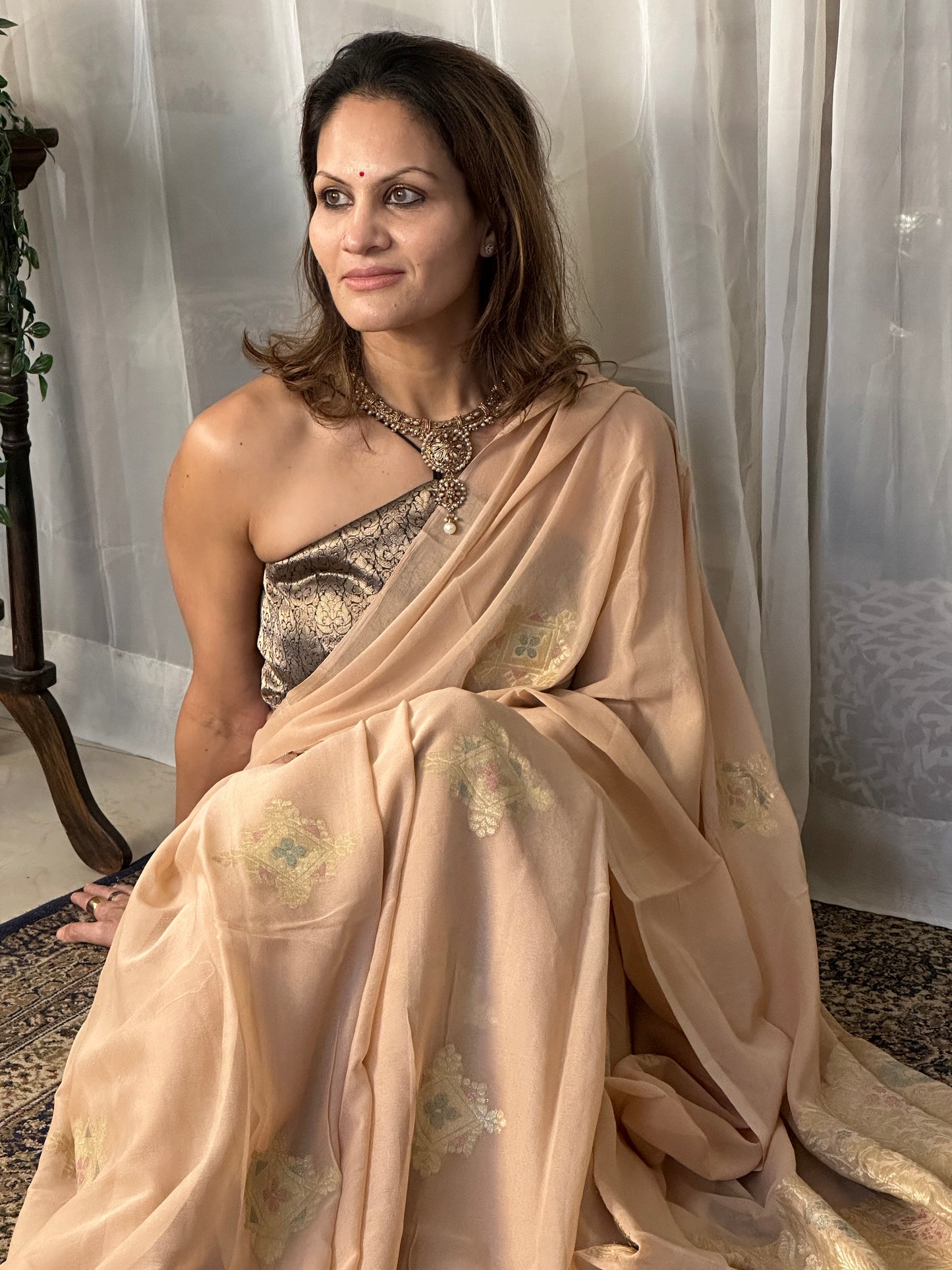 Nude Pure Chiffon Khaddi Banarasi Sari with Meena Weaving & Full Gold Zari Woven Pallu