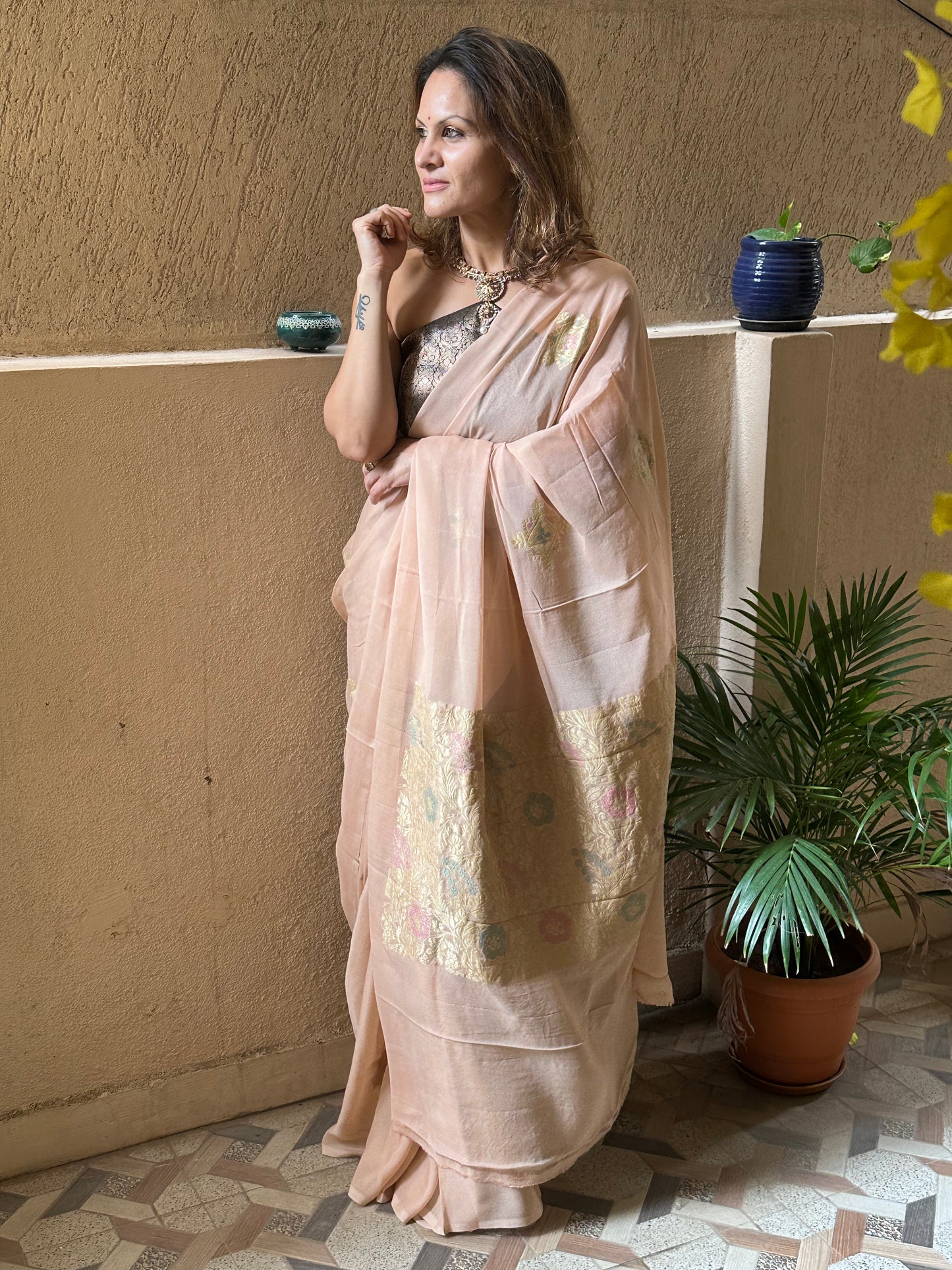 Nude Pure Chiffon Khaddi Banarasi Sari with Meena Weaving & Full Gold Zari Woven Pallu