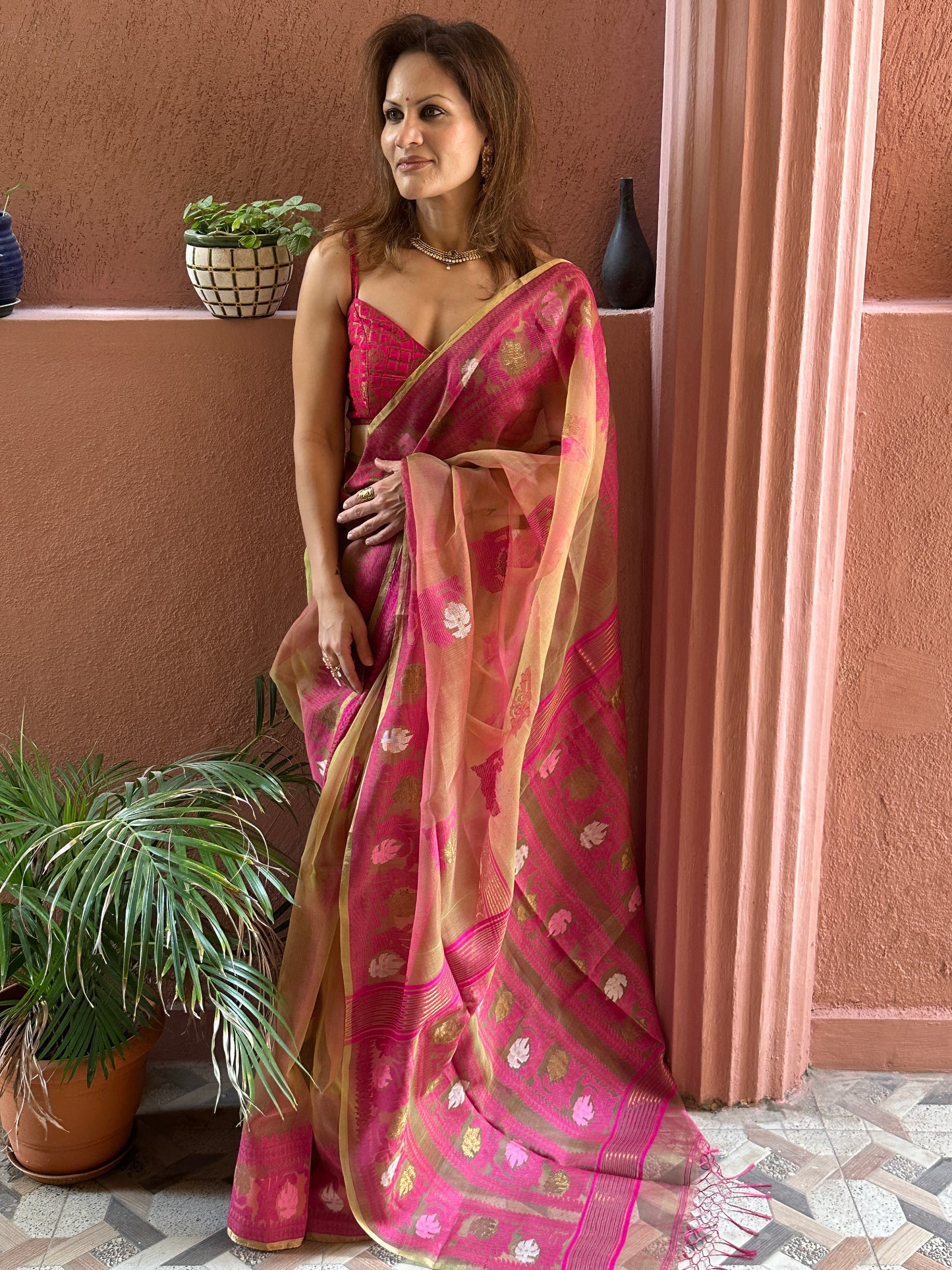 Dual Tone Nude & Orange with Pink Pure Muslin Silk Handloom Jamdani Sari