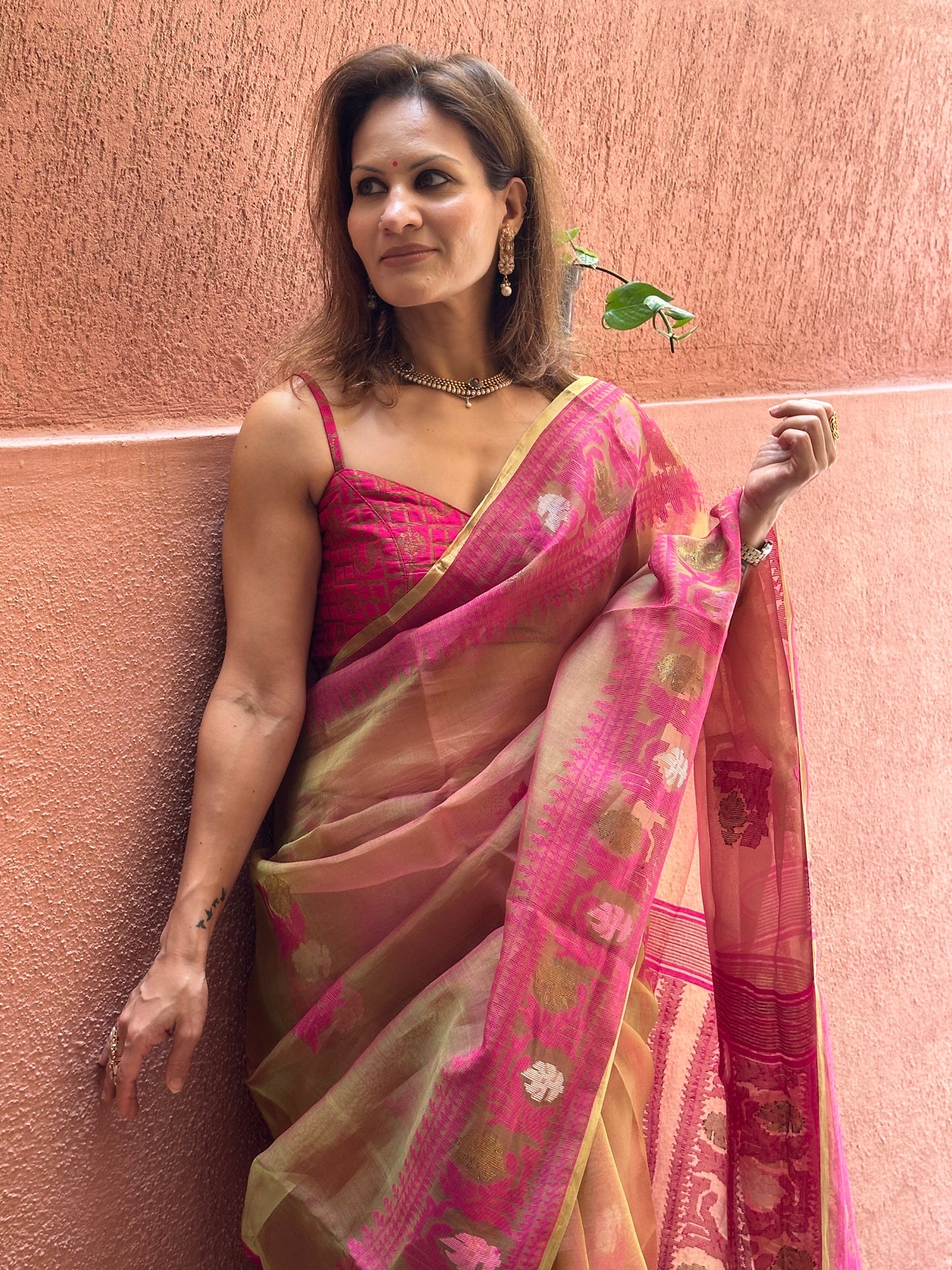 Dual Tone Nude & Orange with Pink Pure Muslin Silk Handloom Jamdani Sari