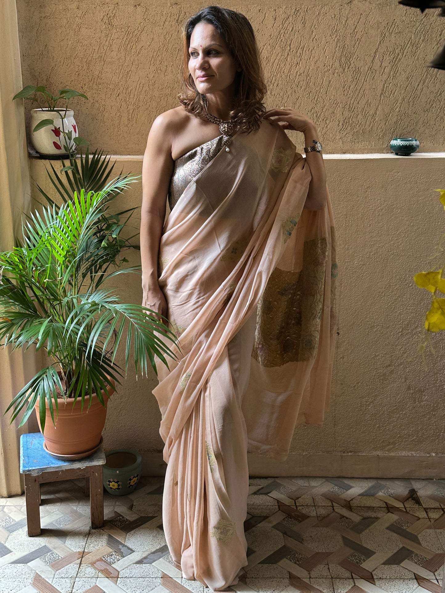 Nude Pure Chiffon Khaddi Banarasi Sari with Meena Weaving & Full Gold Zari Woven Pallu