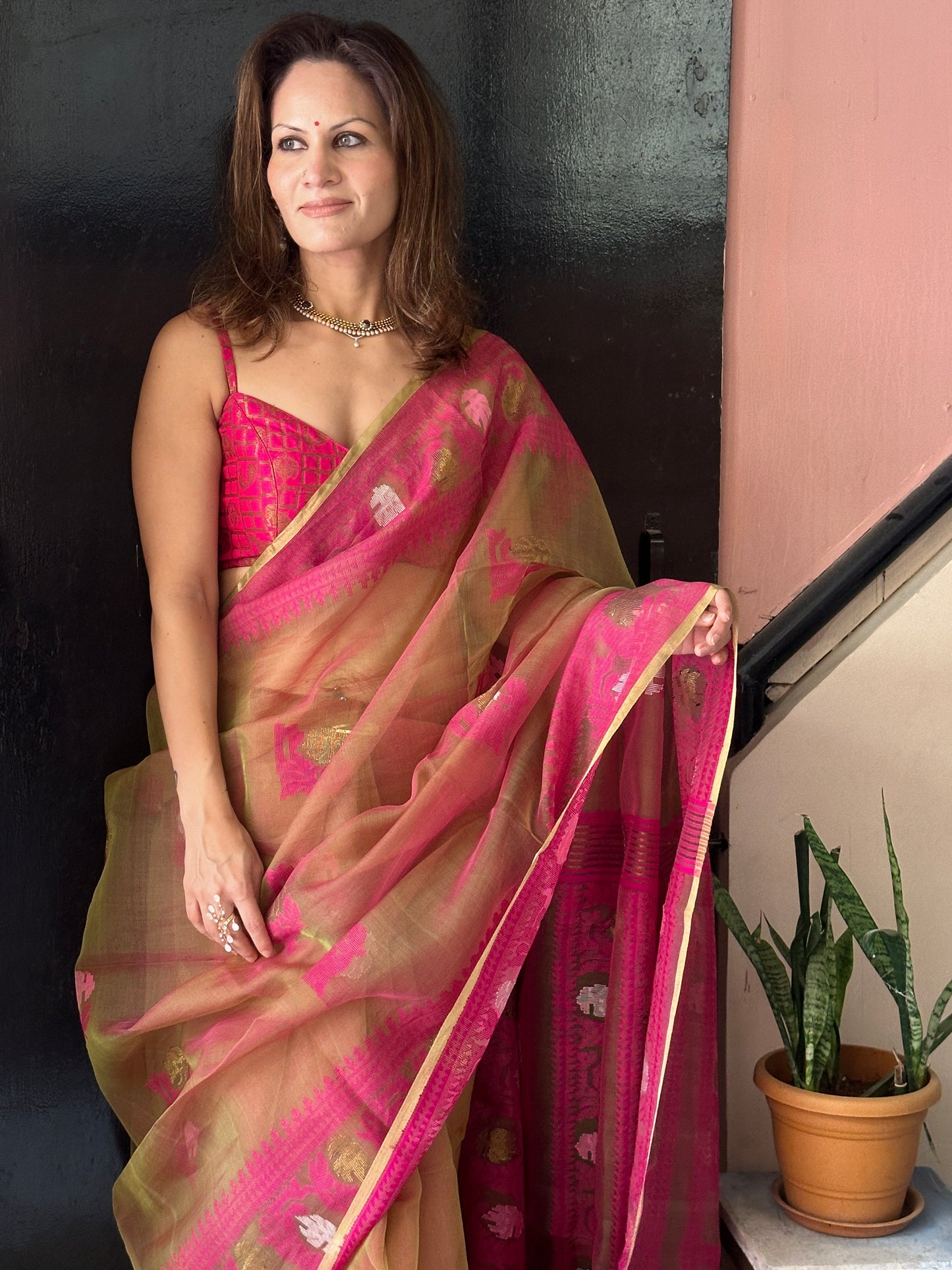 Dual Tone Nude & Orange with Pink Pure Muslin Silk Handloom Jamdani Sari