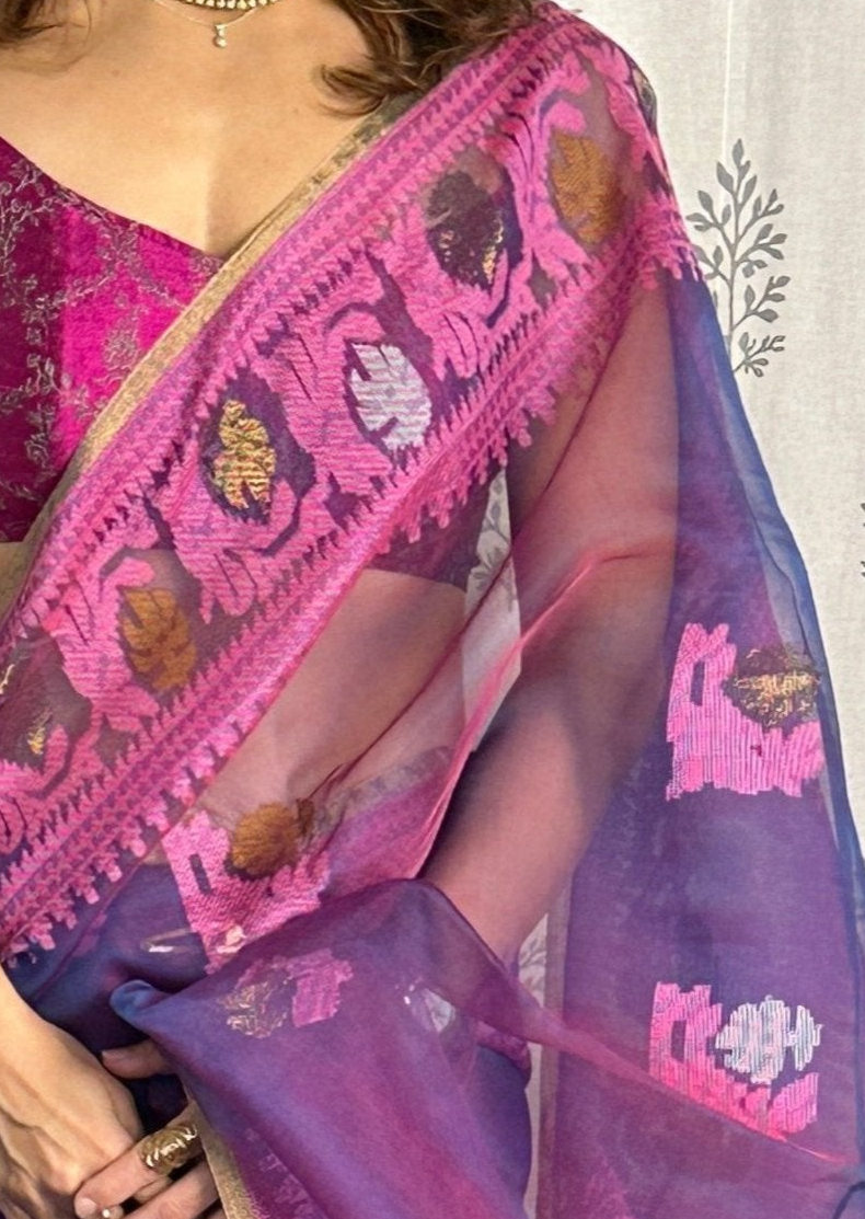 Blue, Purple, & Pink Multi Shade Pure Muslin Silk Handloom Jamdani Saree